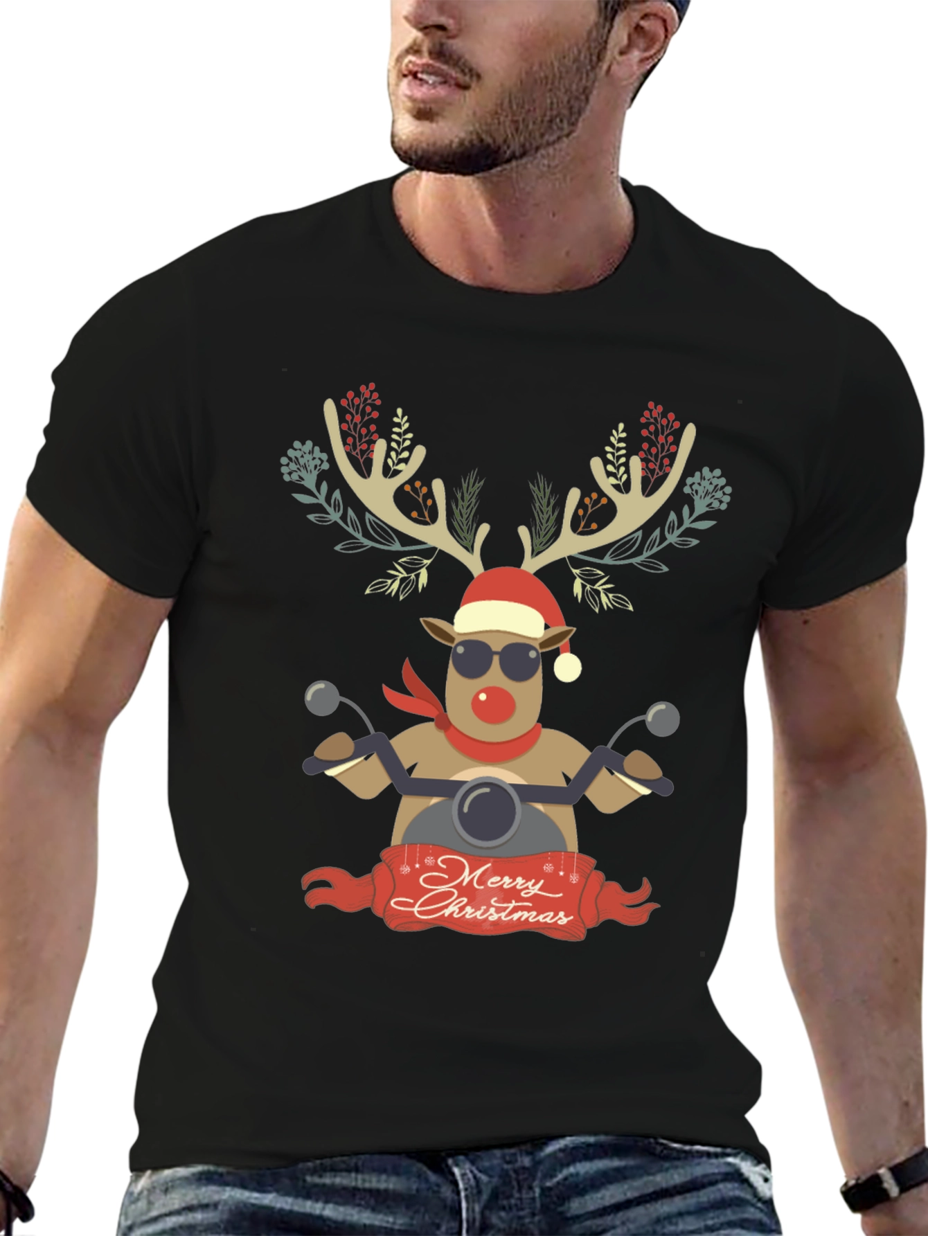 Merry Christmas Reindeer Motorcycle Graphic Tee