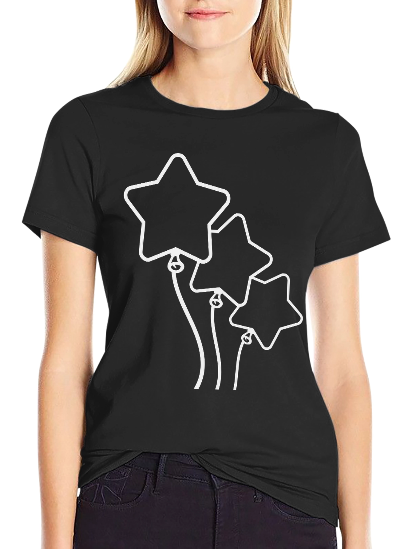 Star Balloons Graphic Tee - Black Cotton Shirt