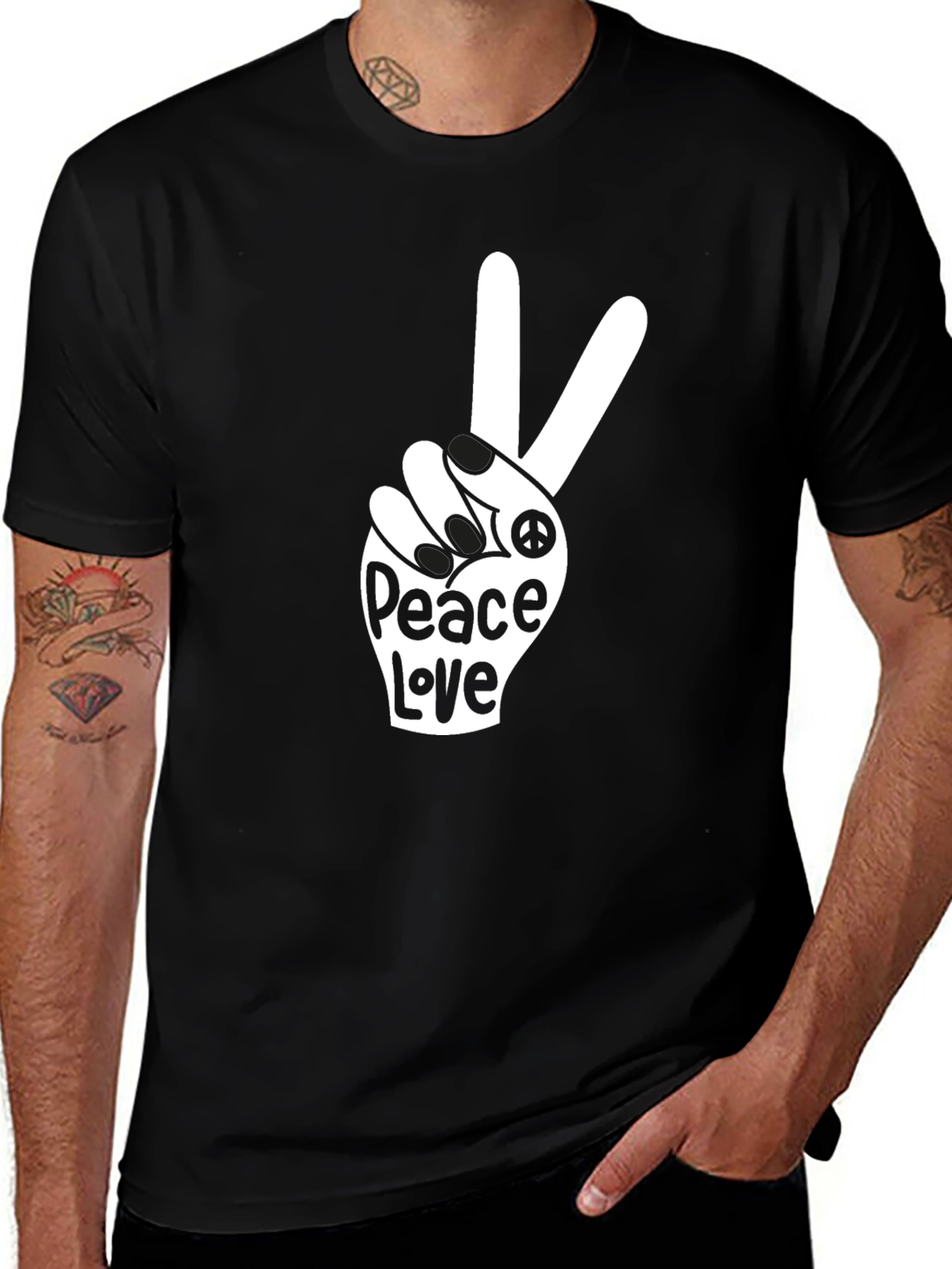 Peace Love T-Shirt - Black Crew Neck Tee