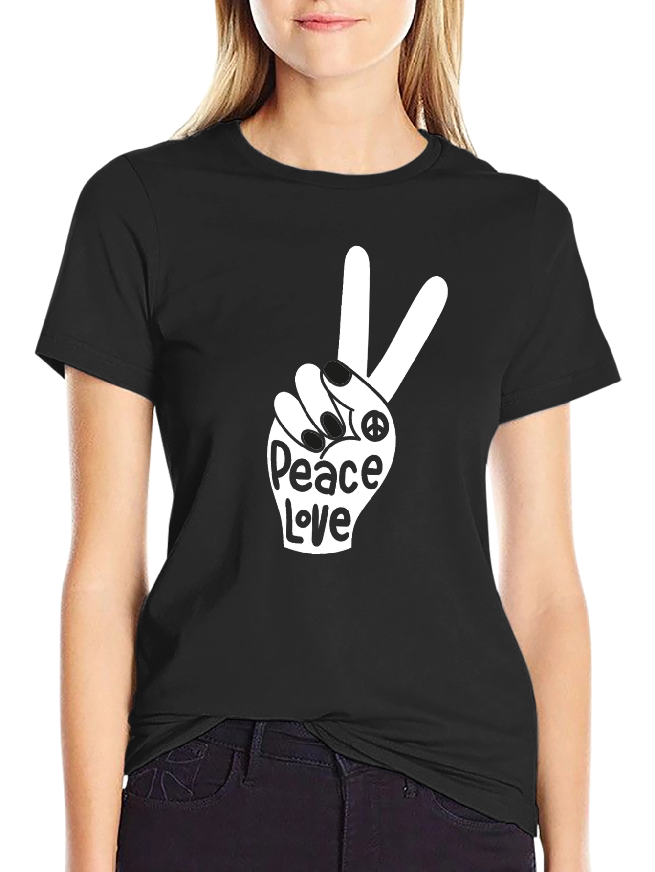 Peace Love T-Shirt - Black Crew Neck Tee