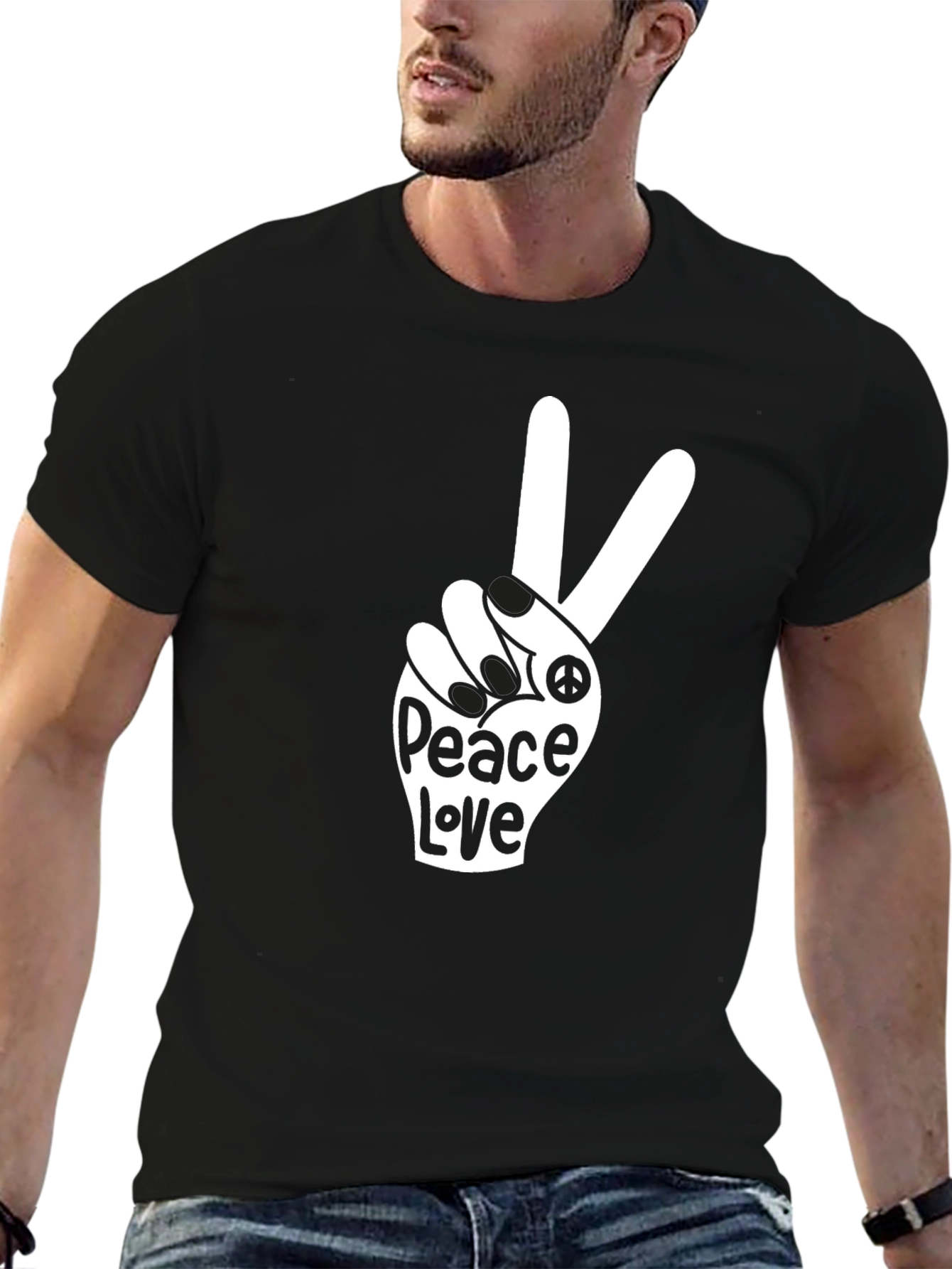 Peace Love T-Shirt - Black Crew Neck Tee