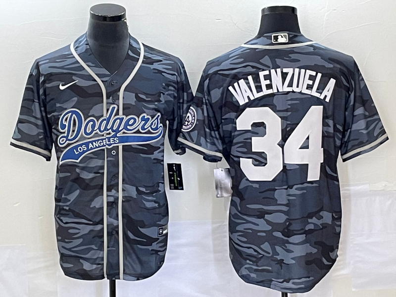 Men's Los Angeles Dodgers Fernando Valenzuela #34 Grey Camouflage Player Jerseys Joint Edition