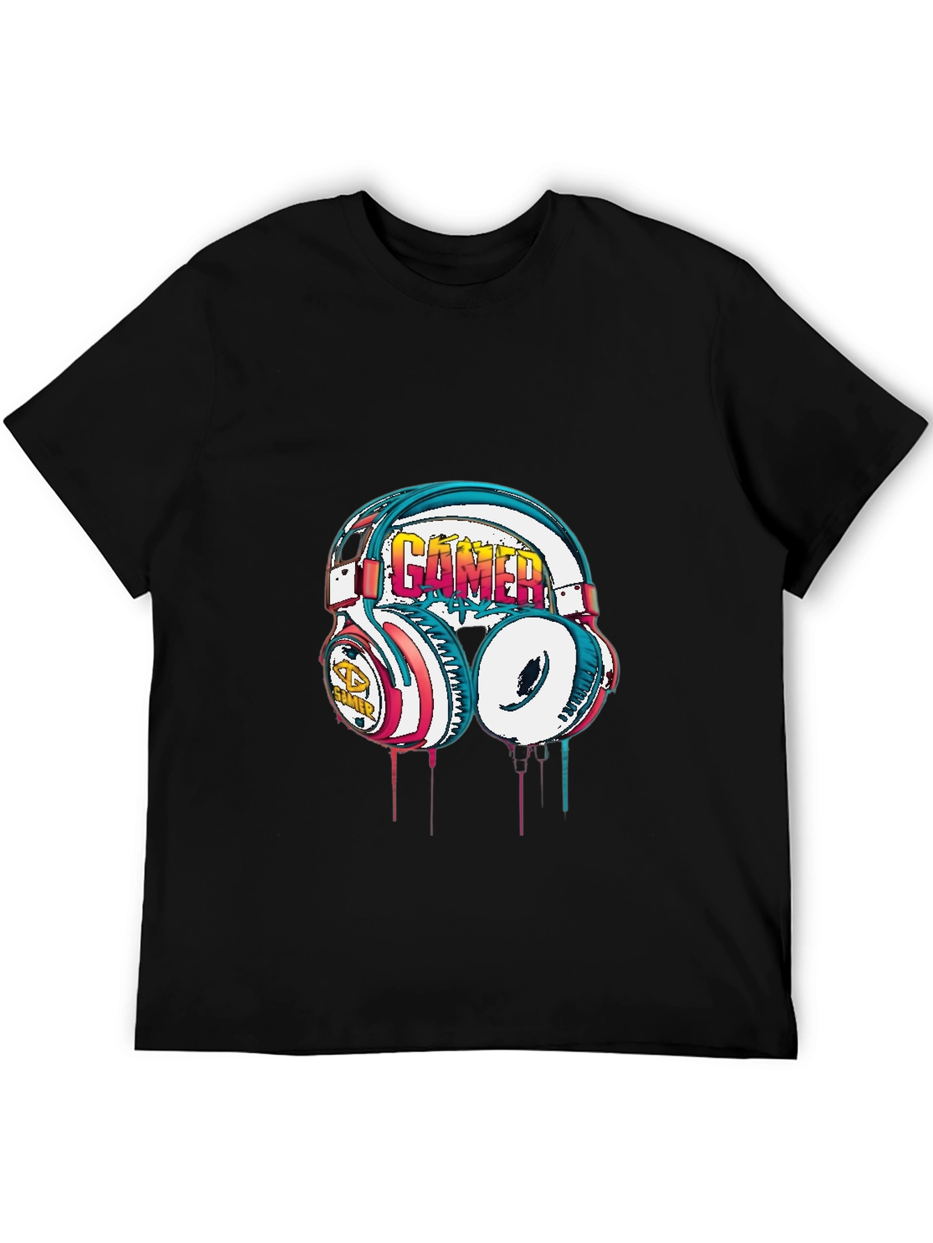 Gamer Headset Graphic Tee - Black Cotton Casual Shirt