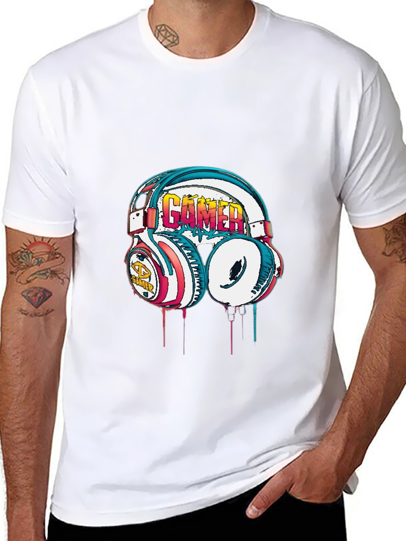 Gamer Headset Graphic Tee - Black Cotton Casual Shirt