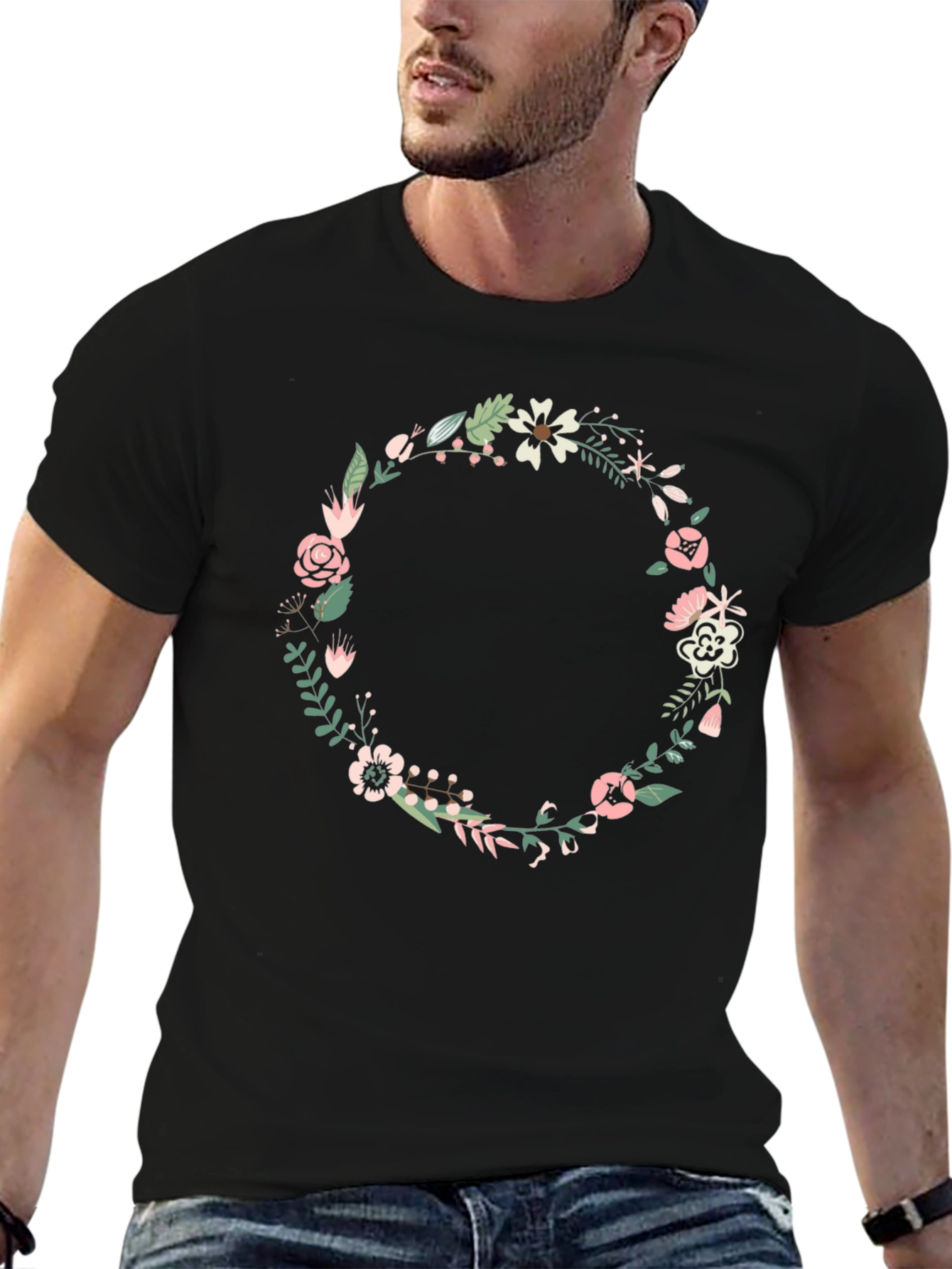 Floral Wreath Graphic Black Tee