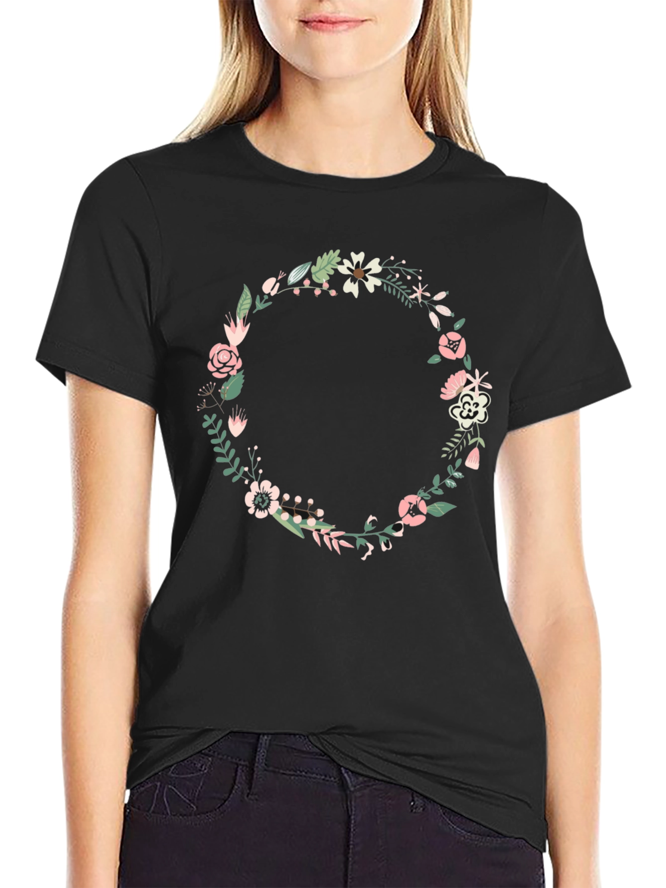 Floral Wreath Graphic Black Tee