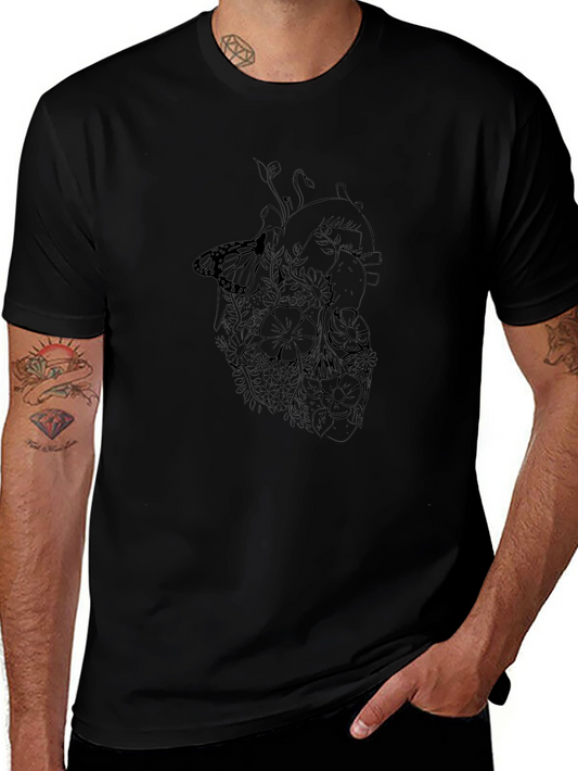 Anatomical Heart & Butterfly Graphic Black T-Shirt