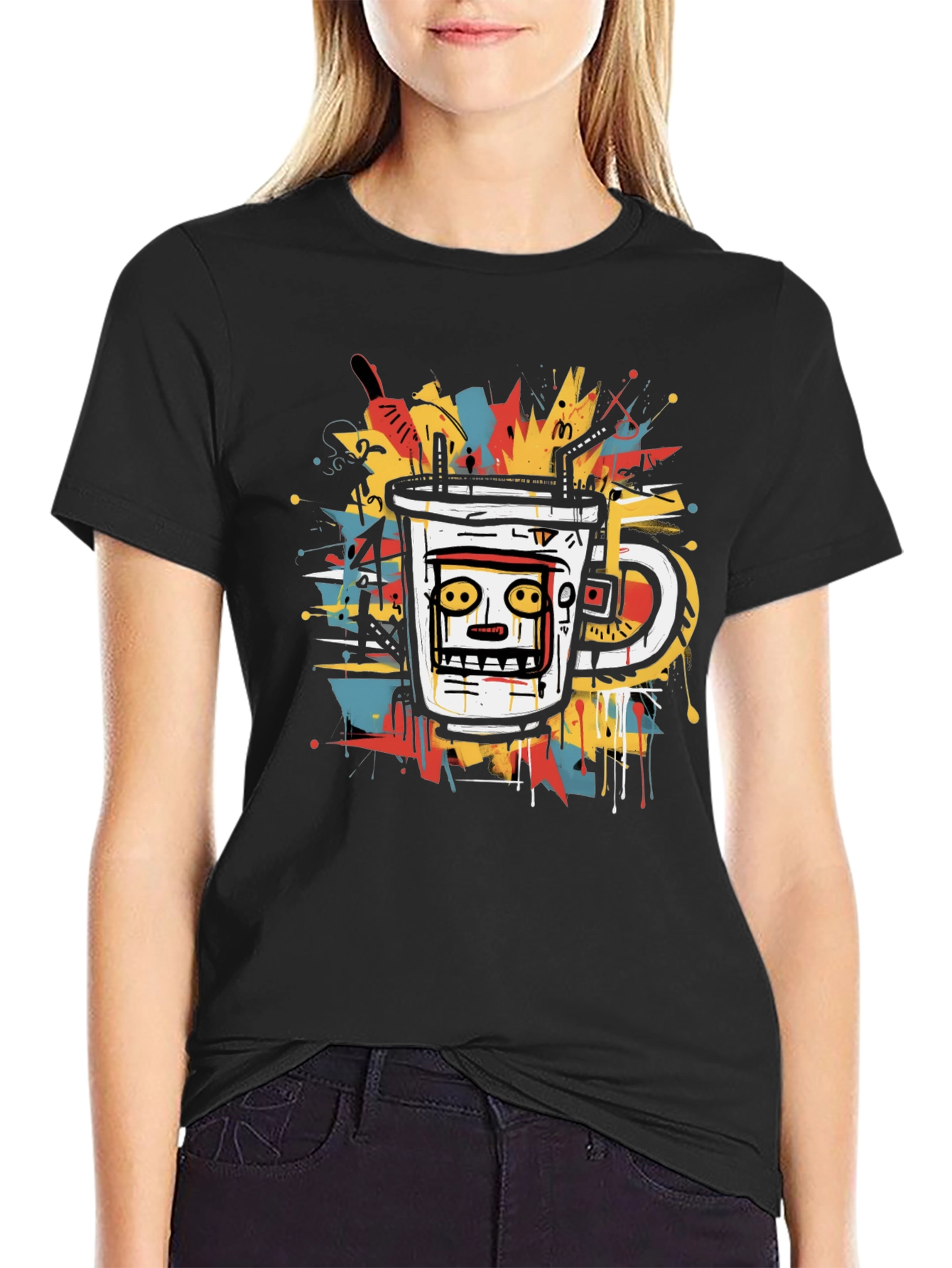 Abstract Coffee Cup Graphic Tee - Black