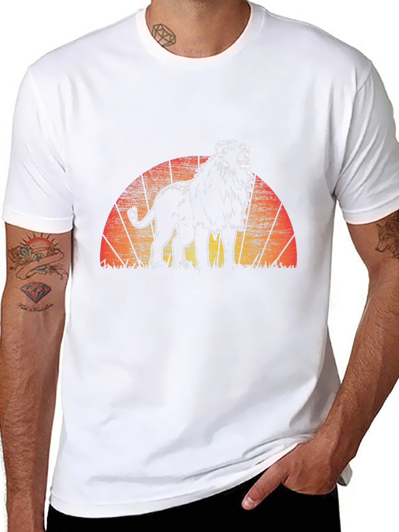 Lion Sunset Graphic Tee - Black Crew Neck T-Shirt