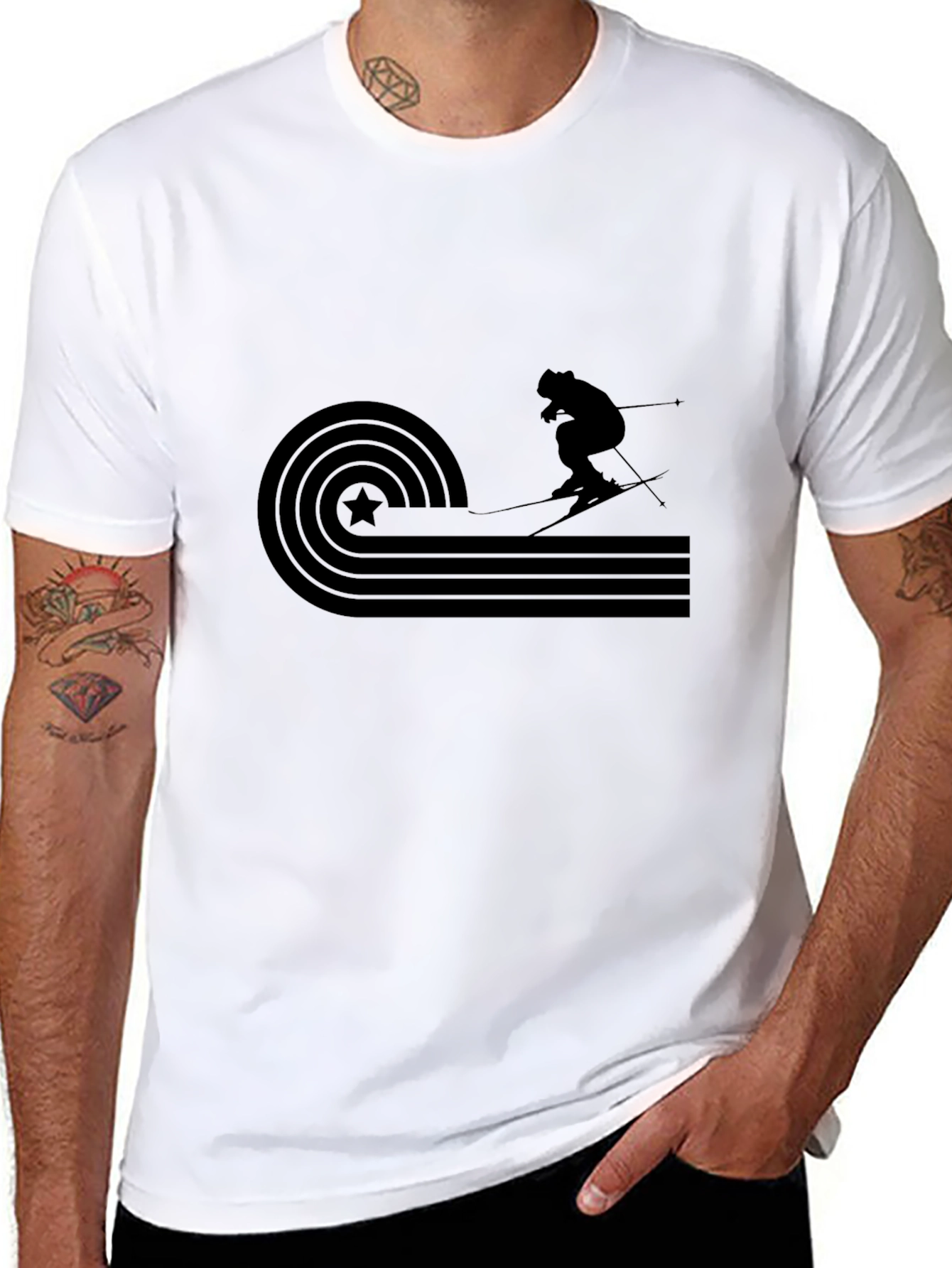 Retro Skiing Graphic Tee - Black Cotton T-Shirt