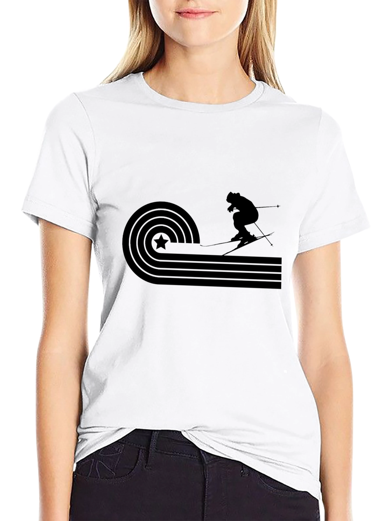 Retro Skiing Graphic Tee - Black Cotton T-Shirt