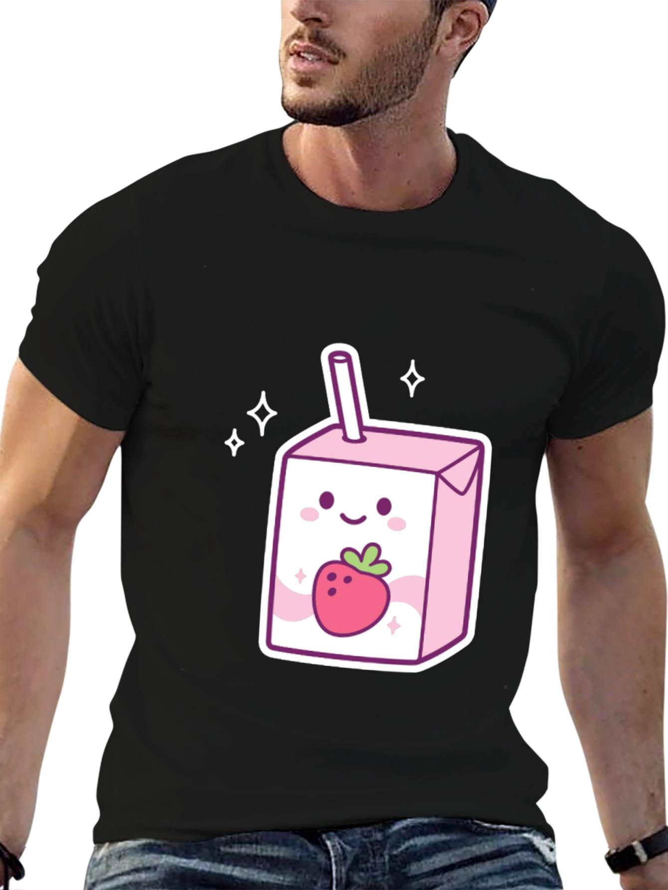 Cute Strawberry Milk Carton Graphic Tee - Black