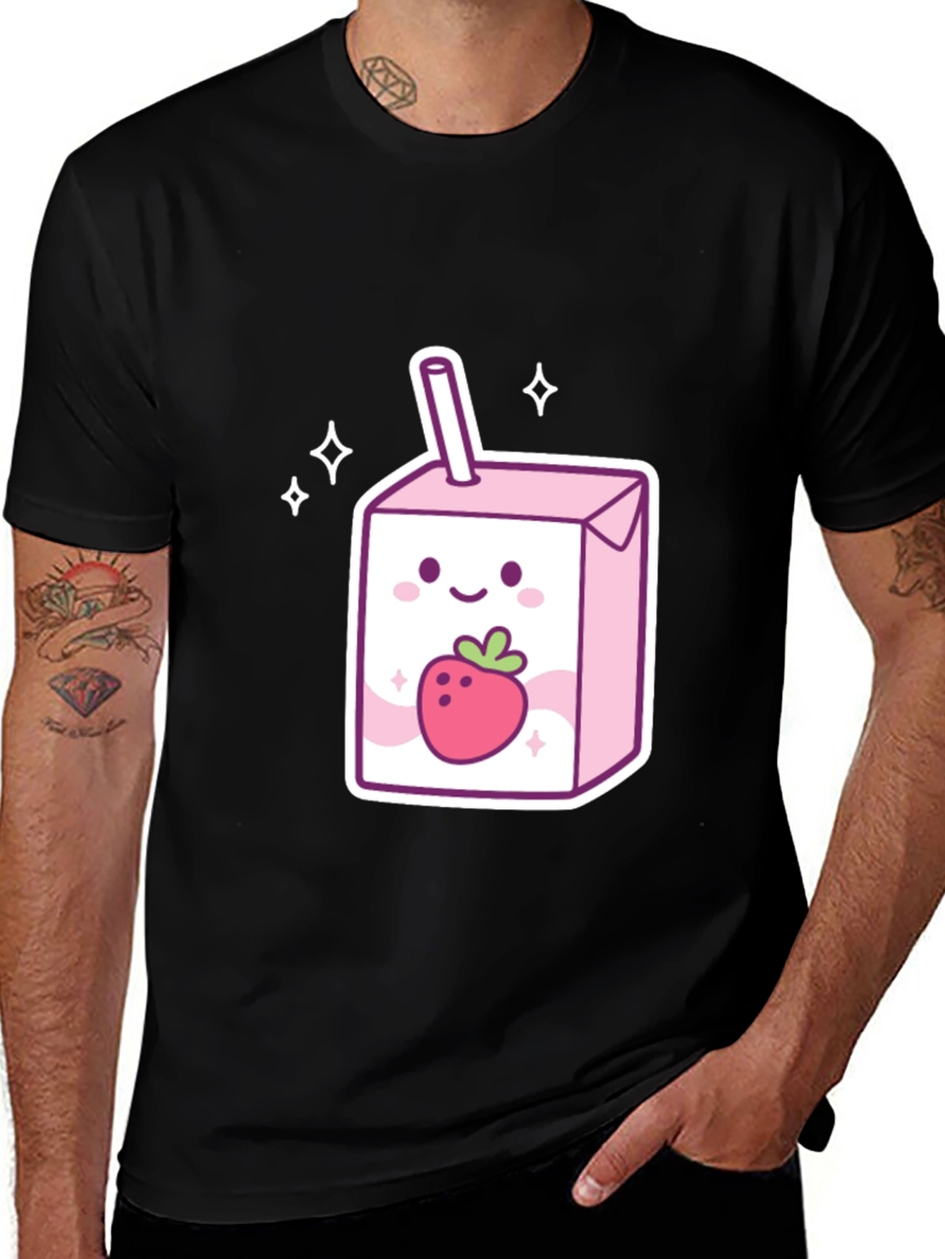 Cute Strawberry Milk Carton Graphic Tee - Black