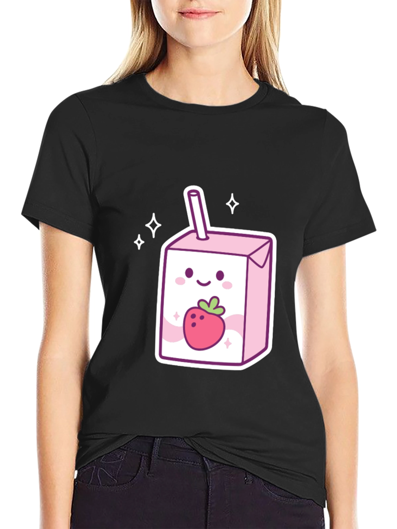 Cute Strawberry Milk Carton Graphic Tee - Black