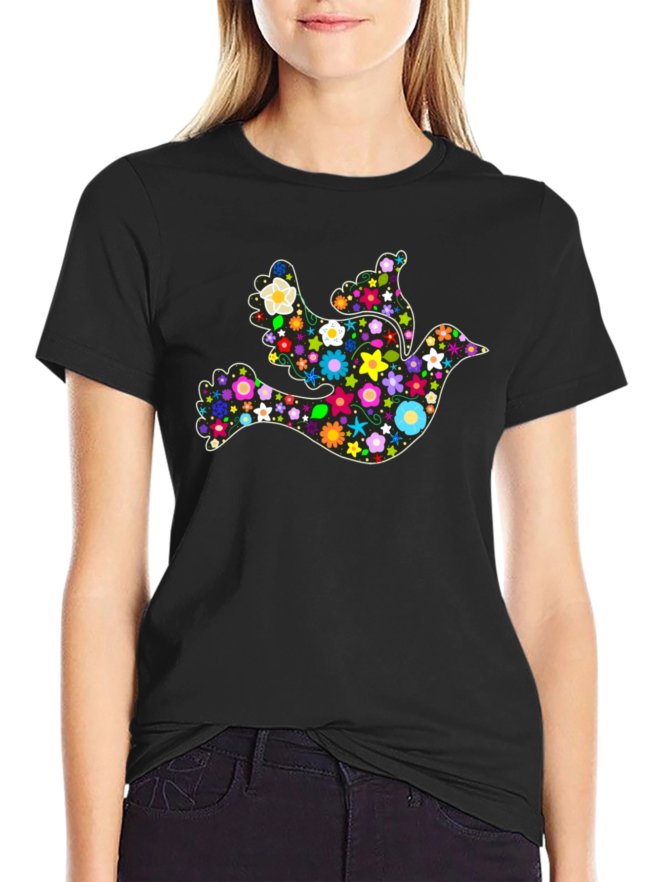 Floral Dove Peace Symbol Graphic T-Shirt