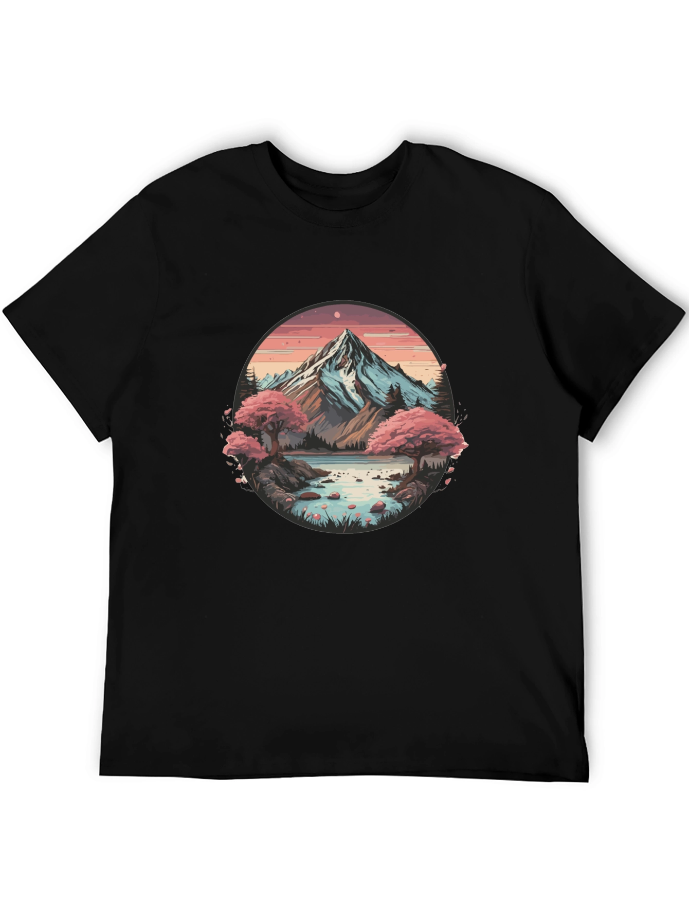 Mountain Lake Scene Graphic Tee - Black Casual Shirt