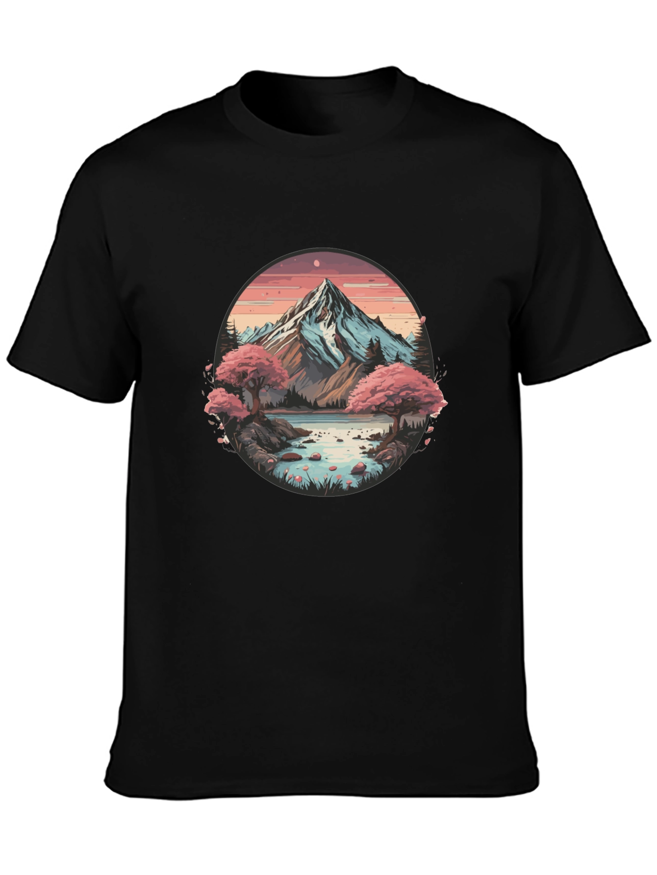 Mountain Lake Scene Graphic Tee - Black Casual Shirt