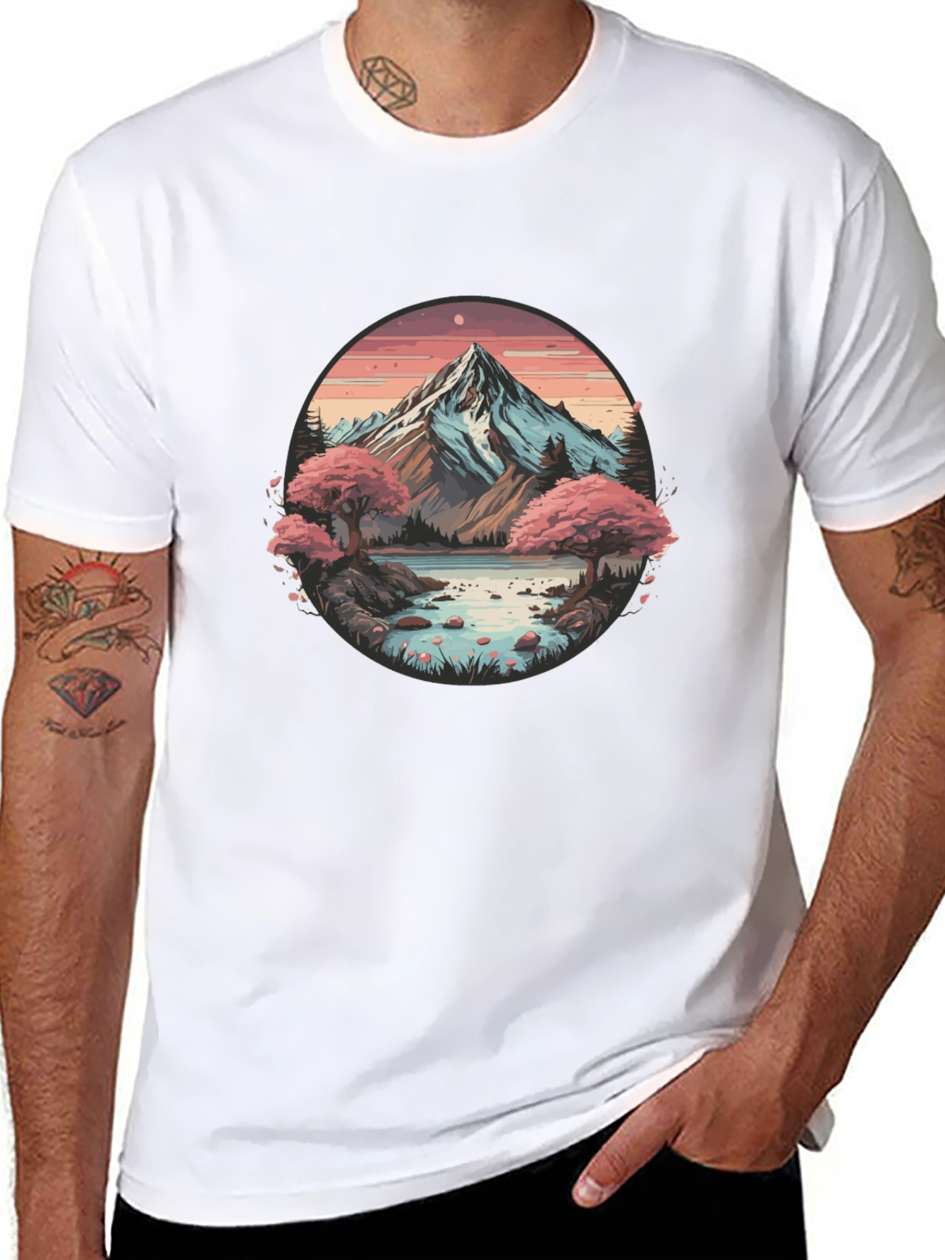 Mountain Lake Scene Graphic Tee - Black Casual Shirt