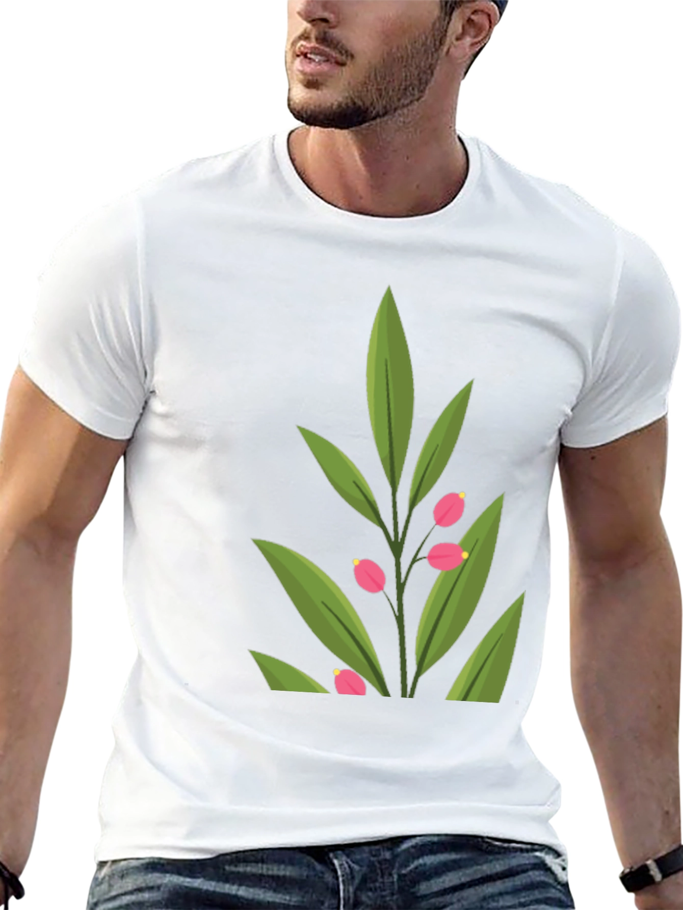 Stylish Black T-Shirt with Green Floral Design