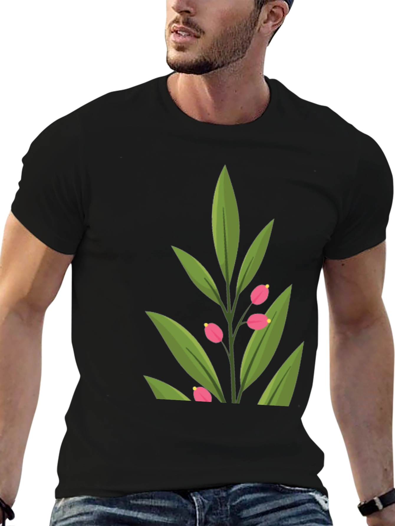Stylish Black T-Shirt with Green Floral Design