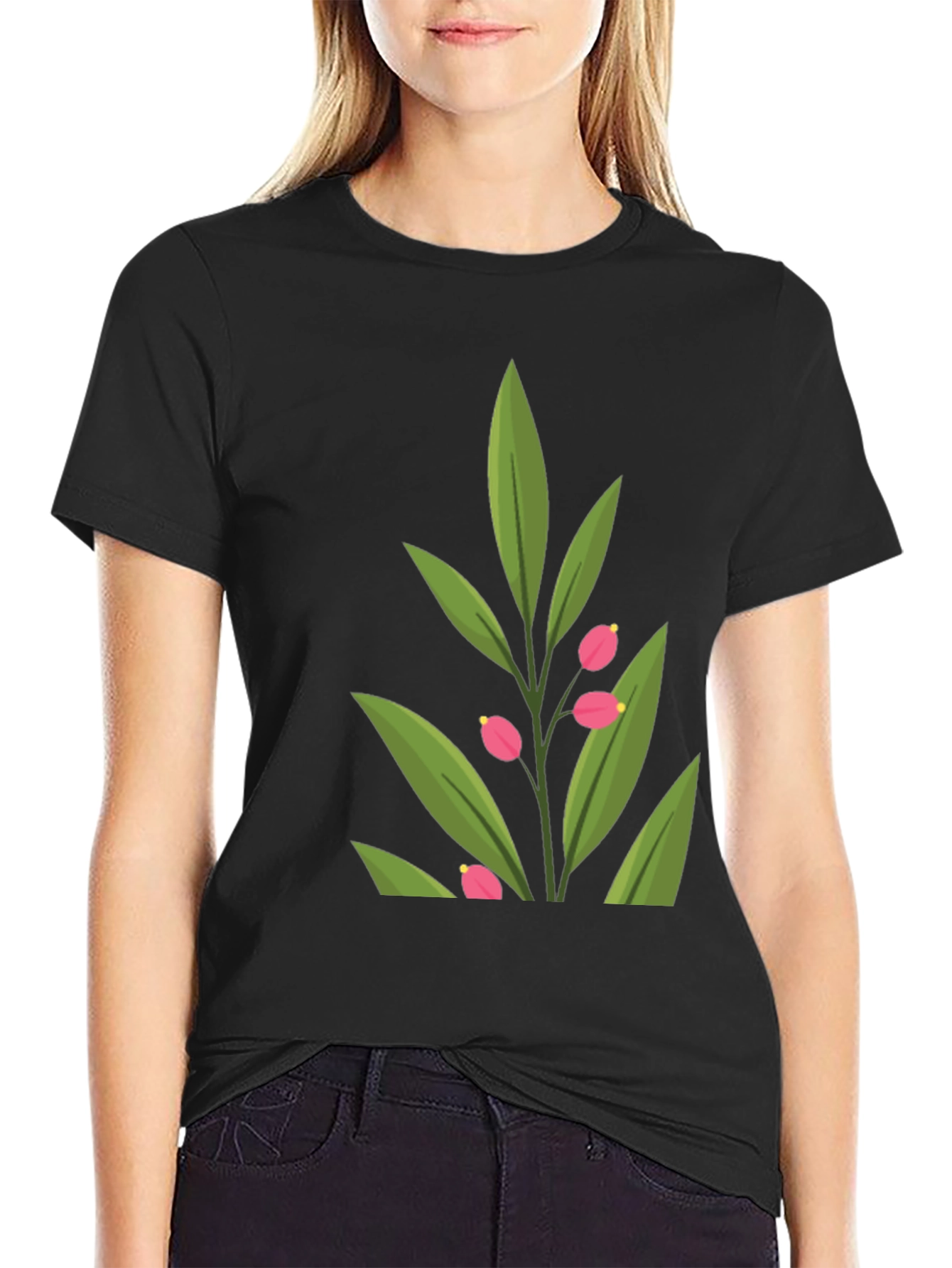 Stylish Black T-Shirt with Green Floral Design