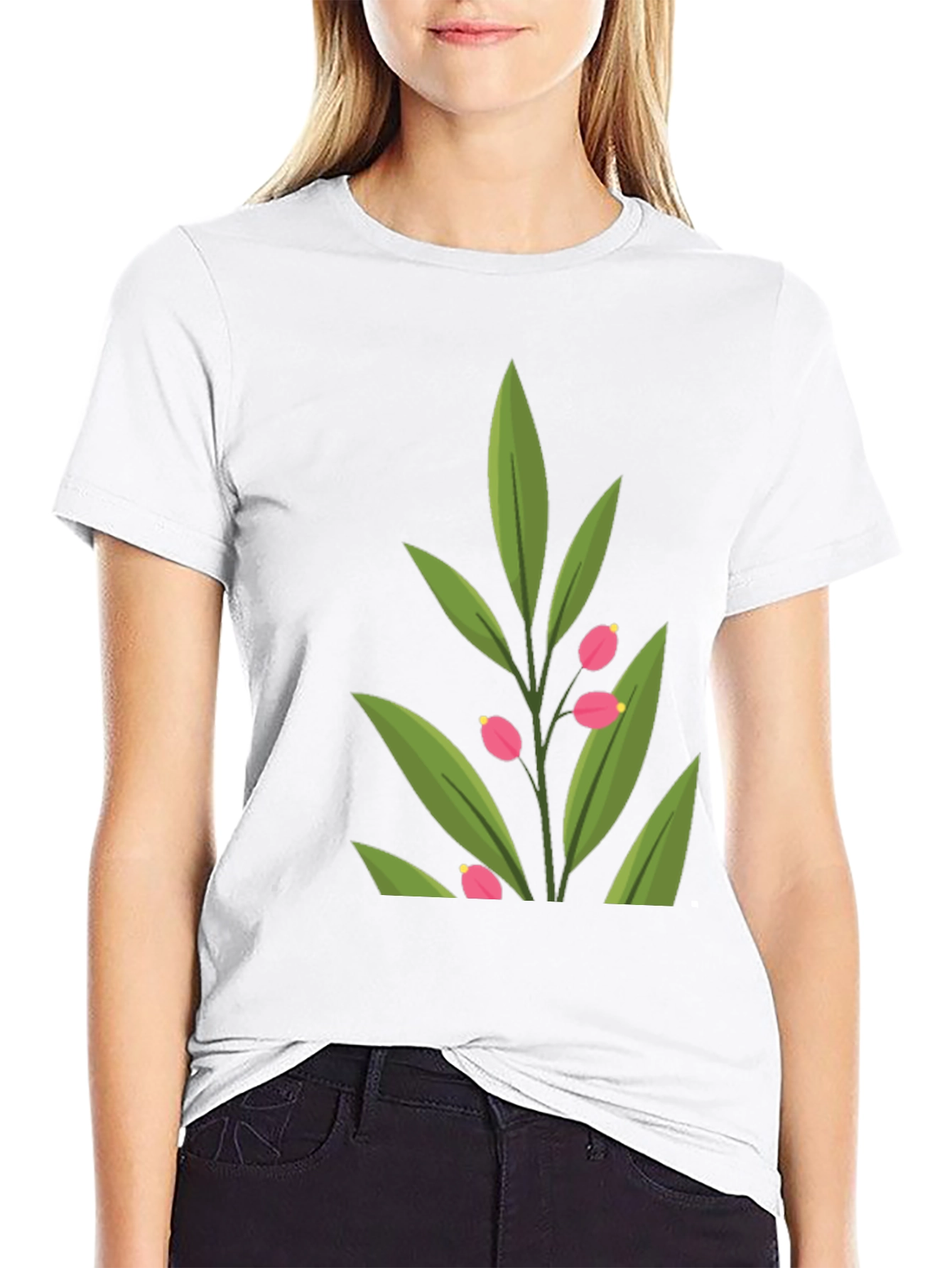 Stylish Black T-Shirt with Green Floral Design