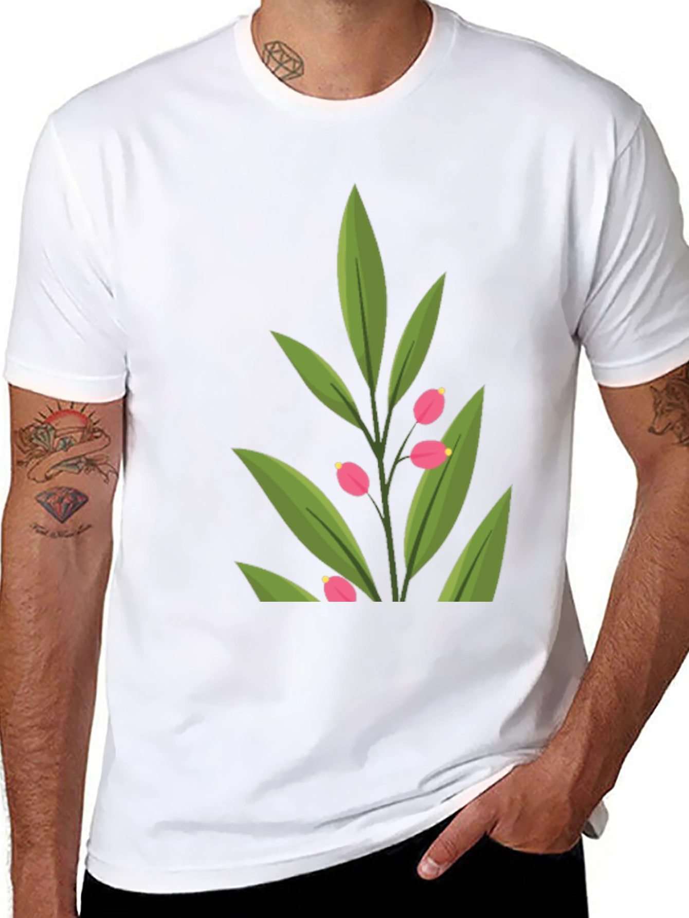 Stylish Black T-Shirt with Green Floral Design
