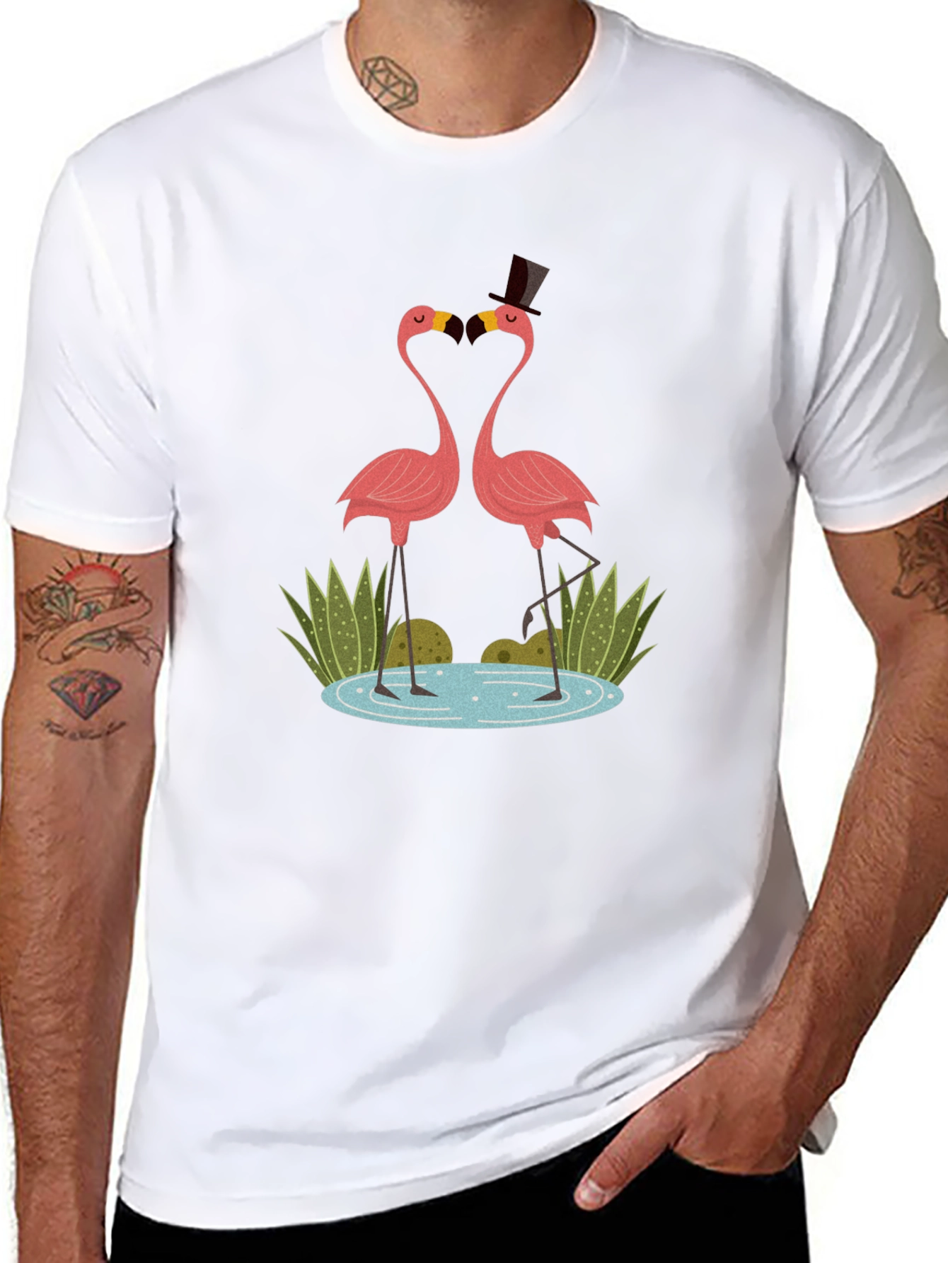 Flamingo Couple Graphic Tee - Black Cotton T-Shirt