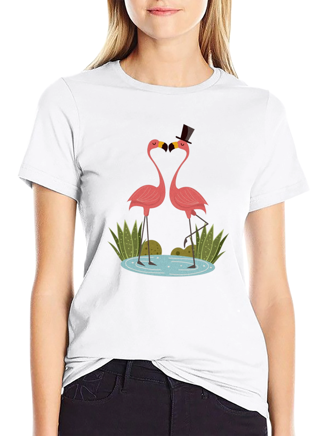Flamingo Couple Graphic Tee - Black Cotton T-Shirt