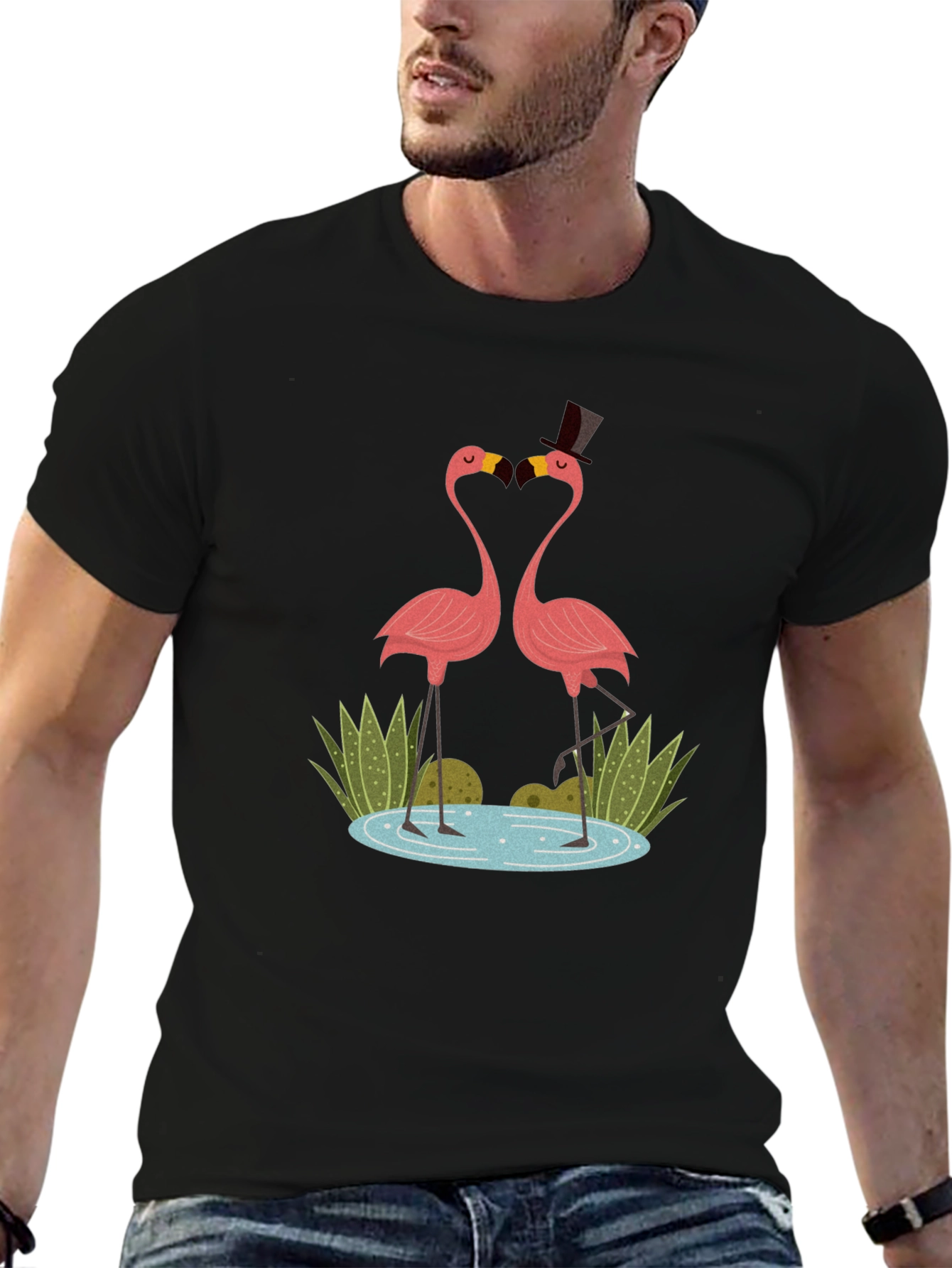 Flamingo Couple Graphic Tee - Black Cotton T-Shirt