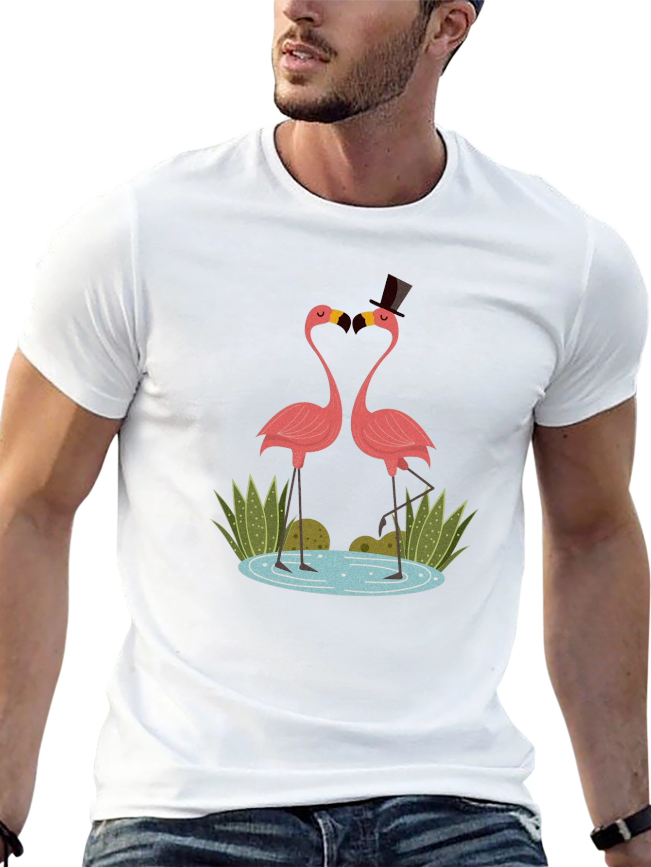 Flamingo Couple Graphic Tee - Black Cotton T-Shirt
