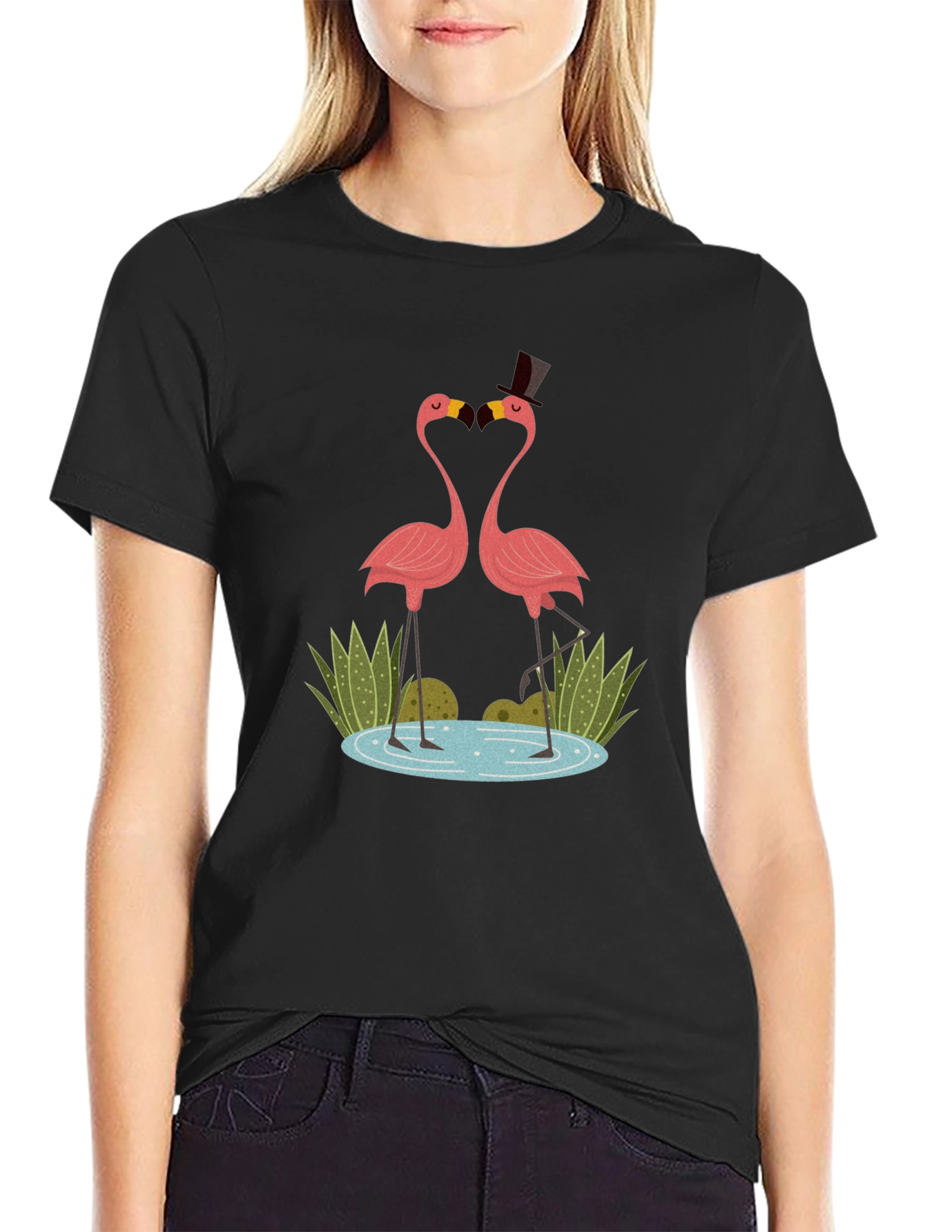Flamingo Couple Graphic Tee - Black Cotton T-Shirt