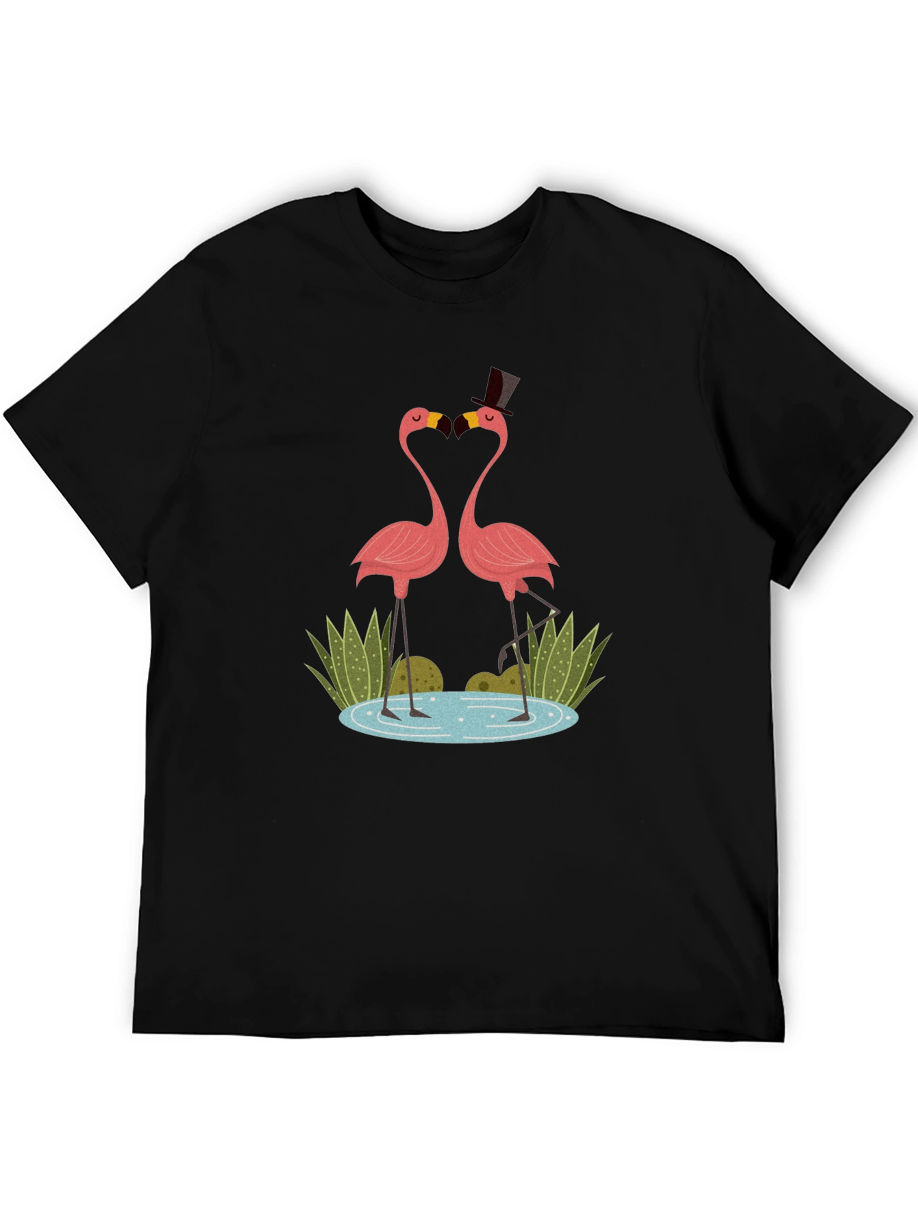 Flamingo Couple Graphic Tee - Black Cotton T-Shirt
