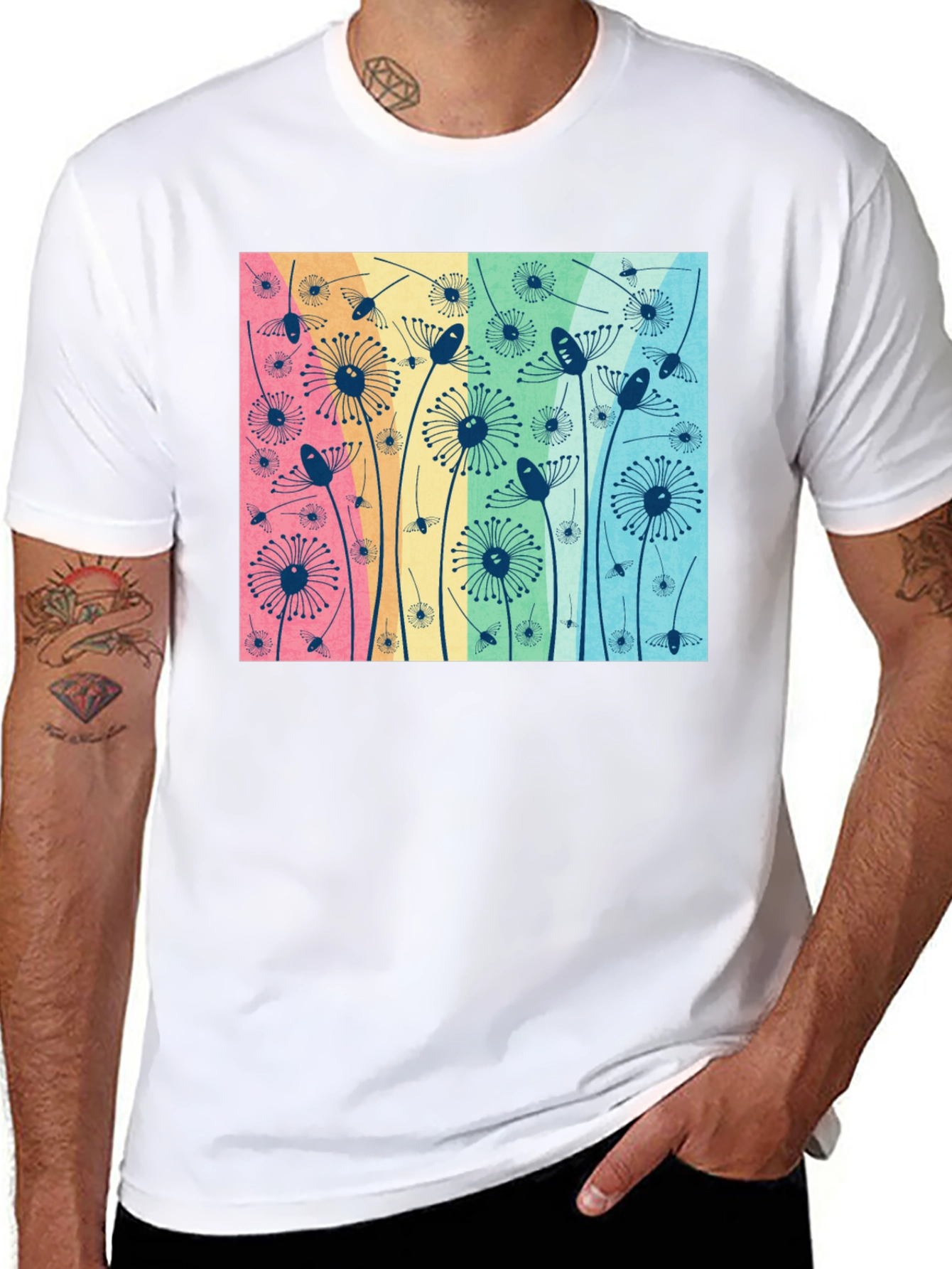 Floral Graphic Tee - Dandelion Pattern Black T-Shirt