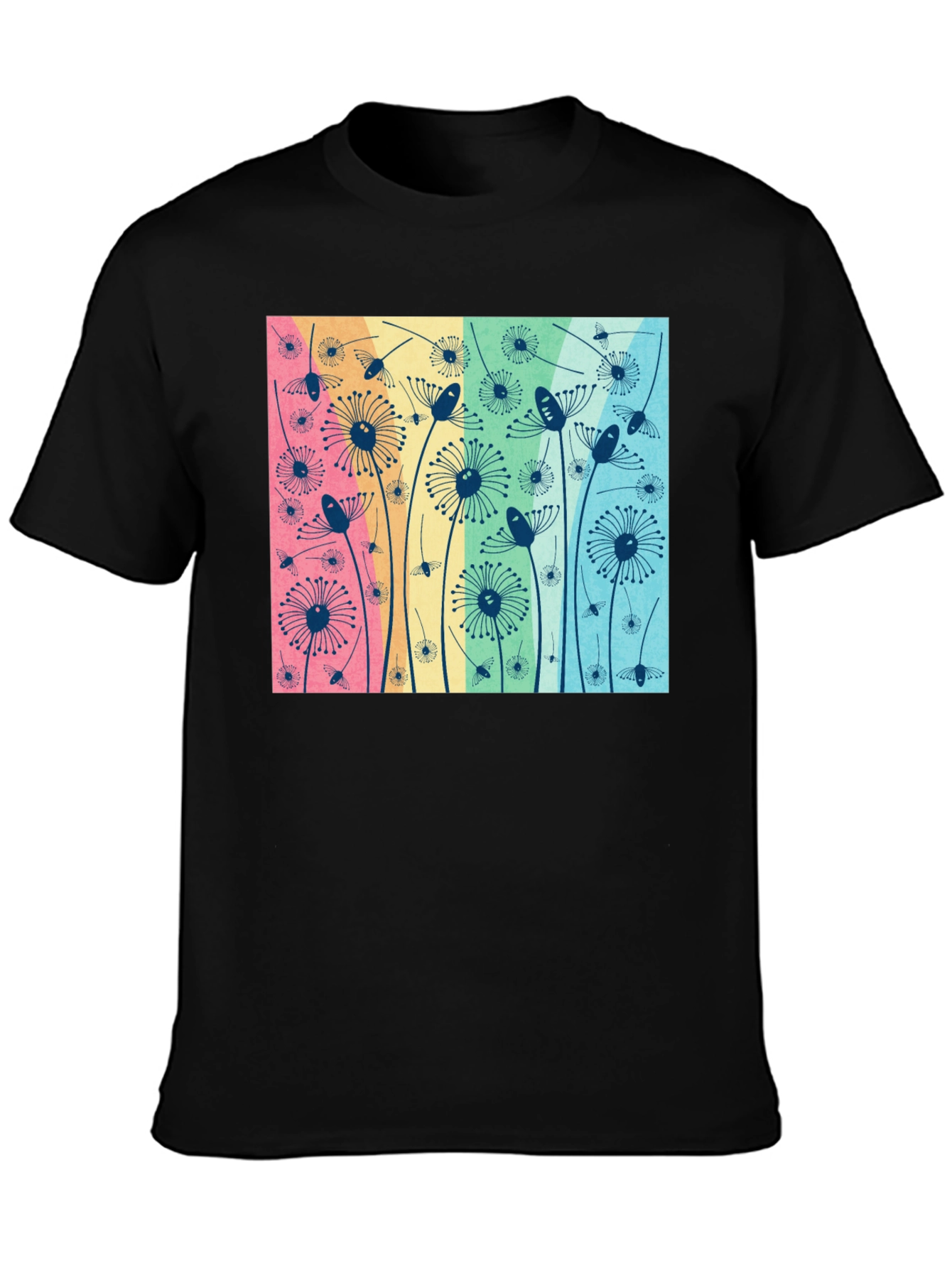 Floral Graphic Tee - Dandelion Pattern Black T-Shirt