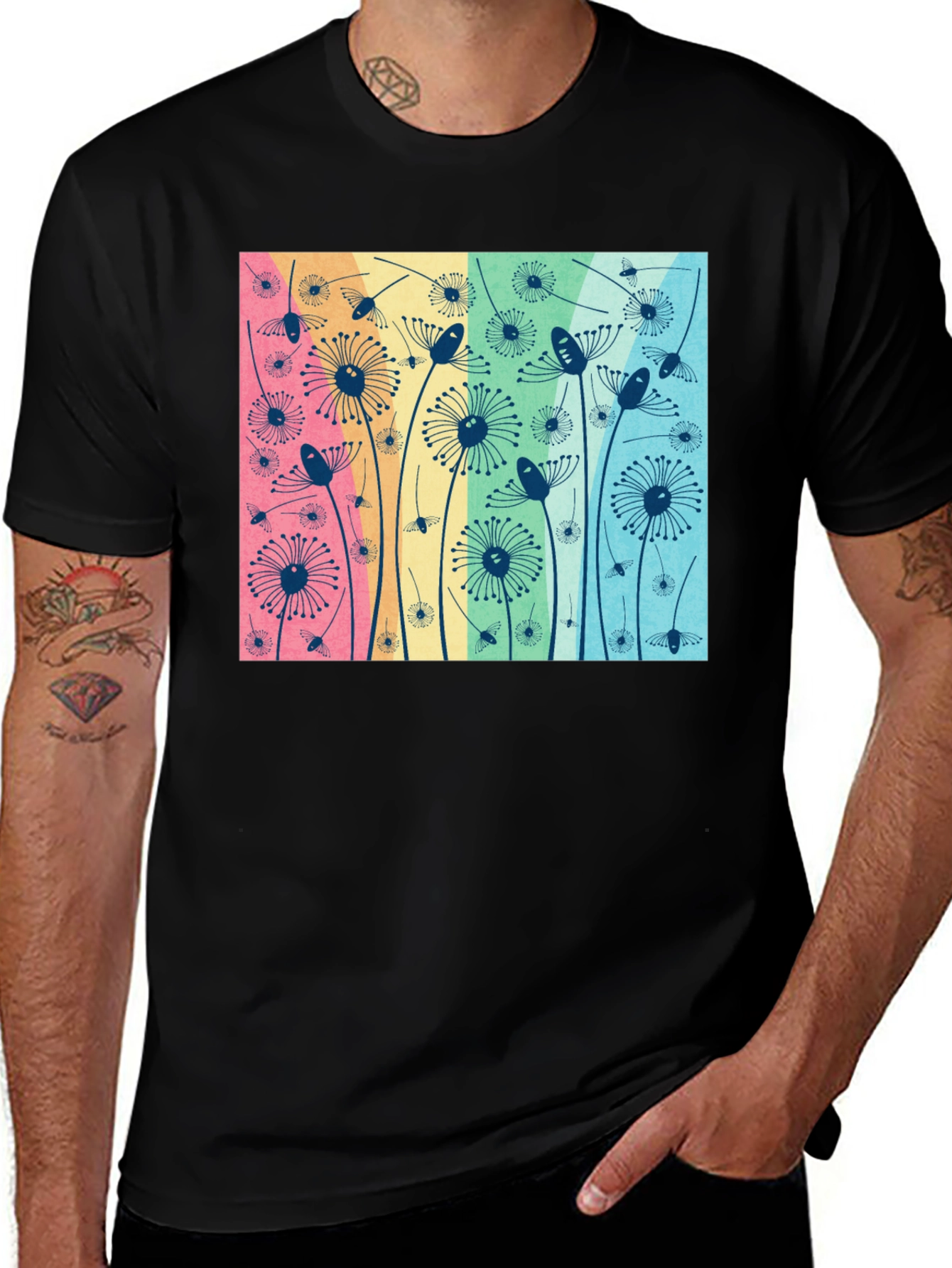 Floral Graphic Tee - Dandelion Pattern Black T-Shirt
