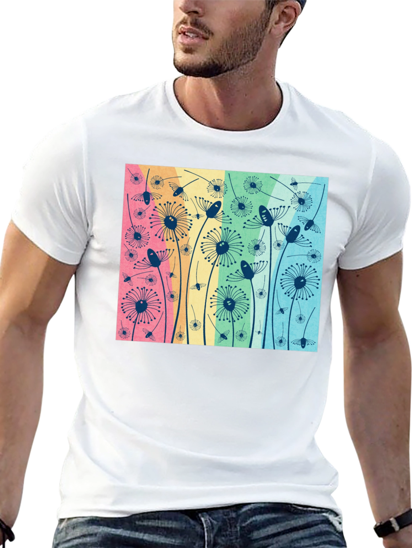 Floral Graphic Tee - Dandelion Pattern Black T-Shirt