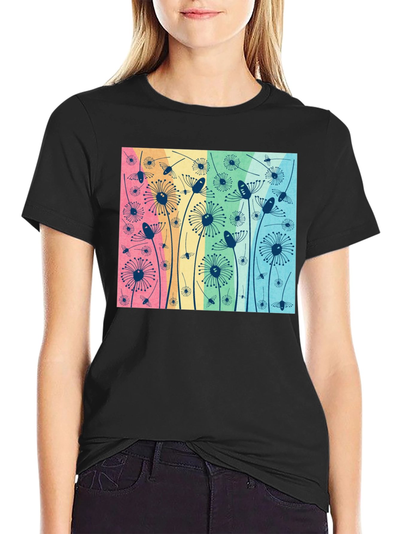 Floral Graphic Tee - Dandelion Pattern Black T-Shirt
