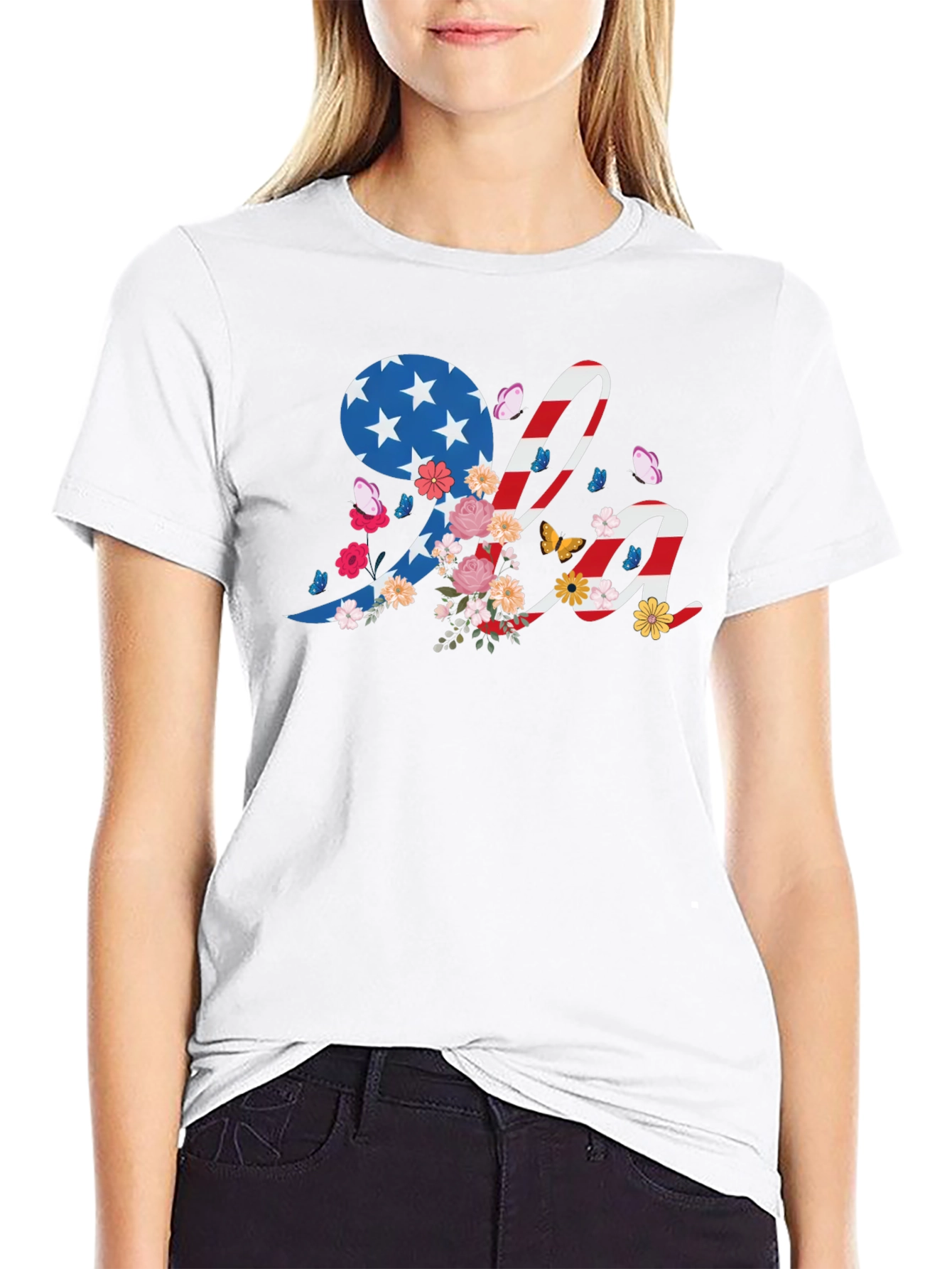 Patriotic USA Floral Graphic T-Shirt