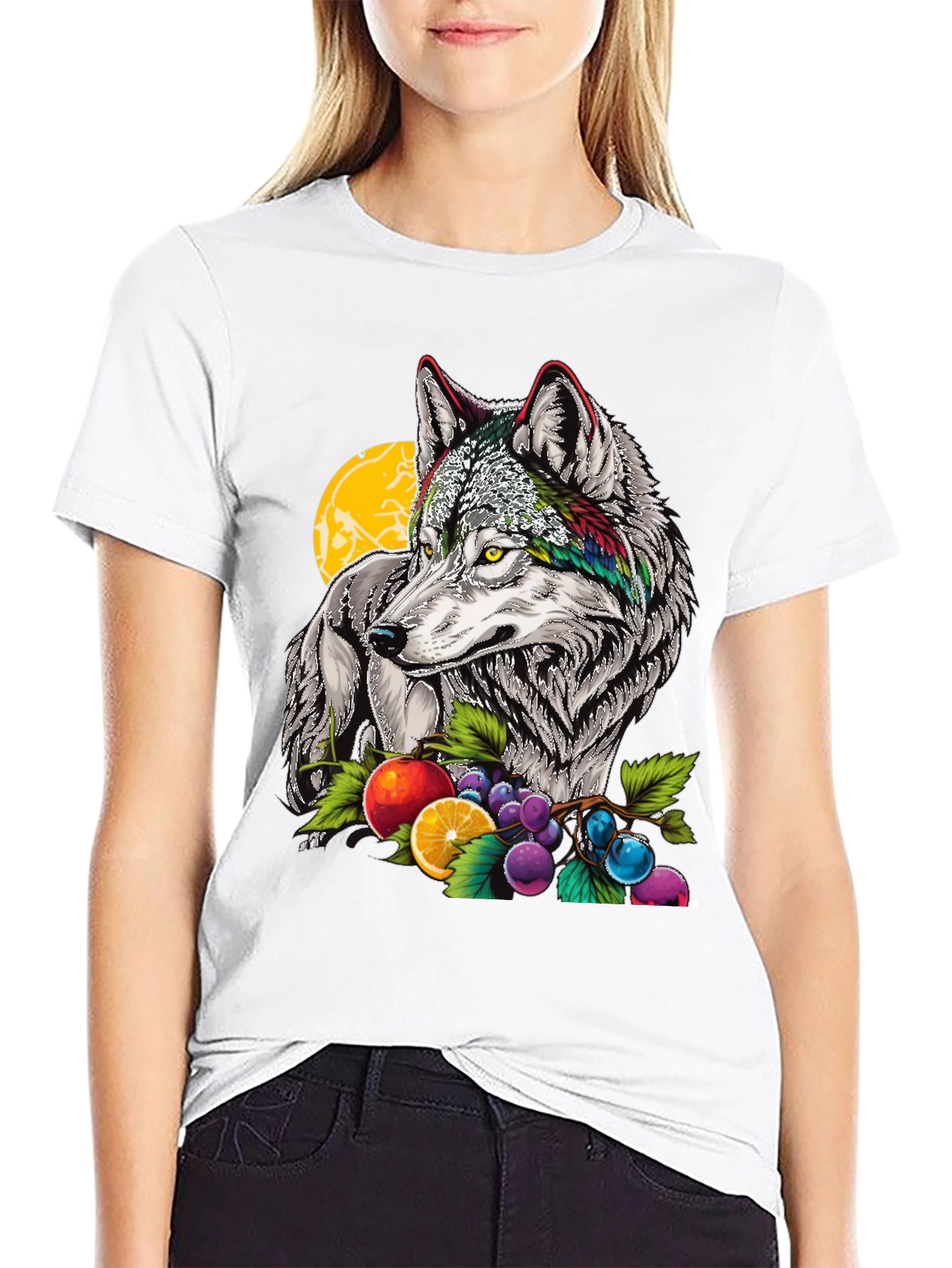 Wolf & Fruit Graphic Print T-Shirt - Black