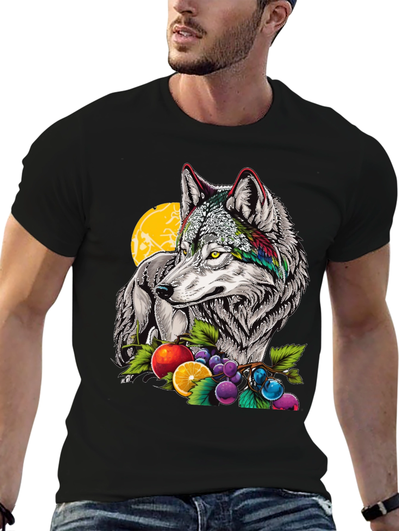 Wolf & Fruit Graphic Print T-Shirt - Black