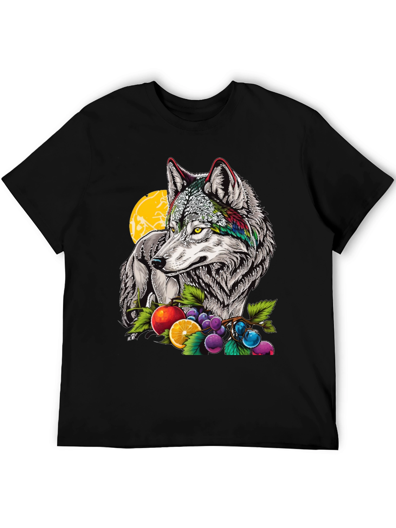 Wolf & Fruit Graphic Print T-Shirt - Black