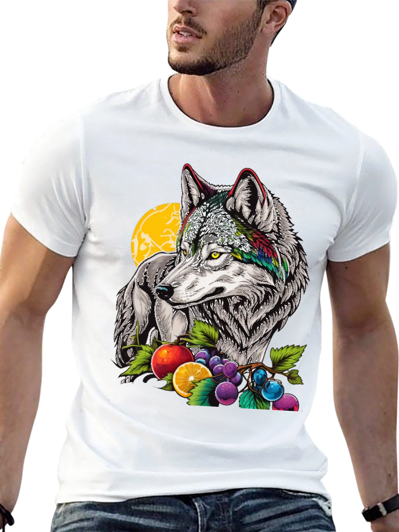 Wolf & Fruit Graphic Print T-Shirt - Black
