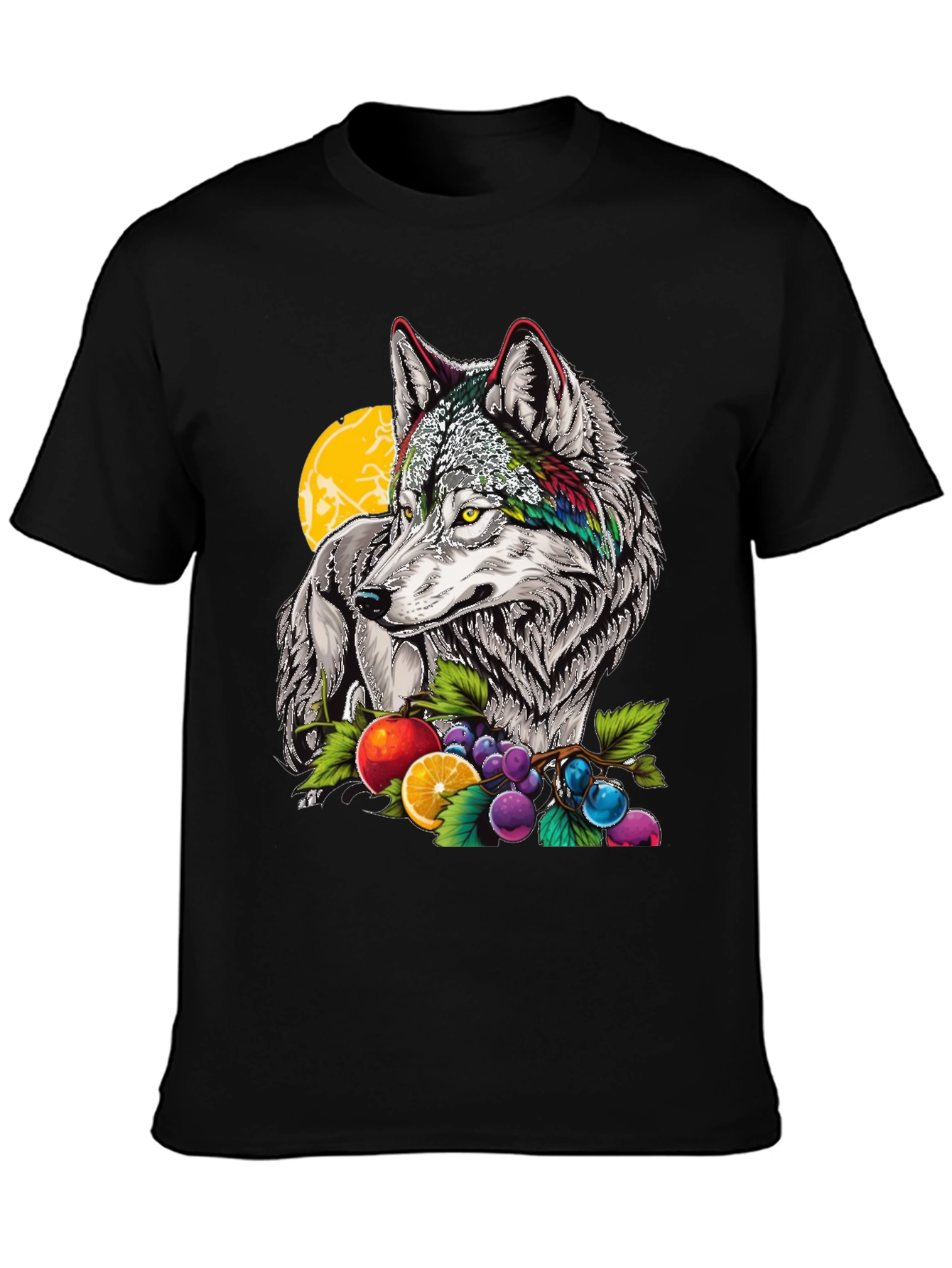 Wolf & Fruit Graphic Print T-Shirt - Black