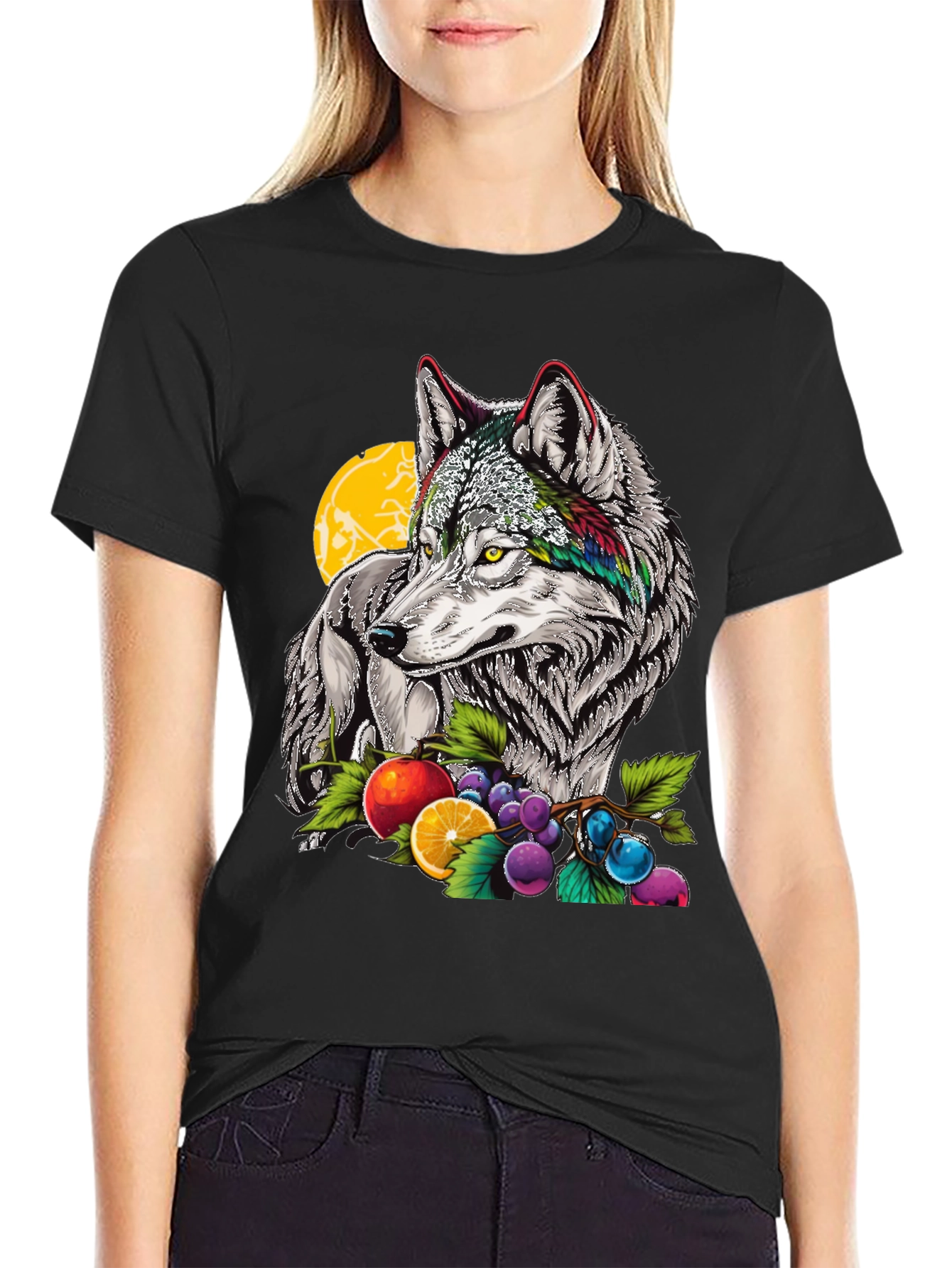 Wolf & Fruit Graphic Print T-Shirt - Black