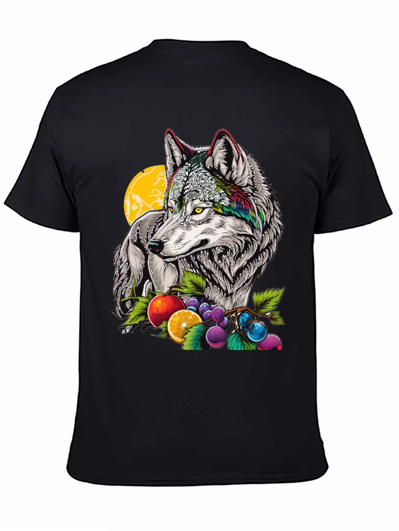 Wolf & Fruit Graphic Print T-Shirt - Black