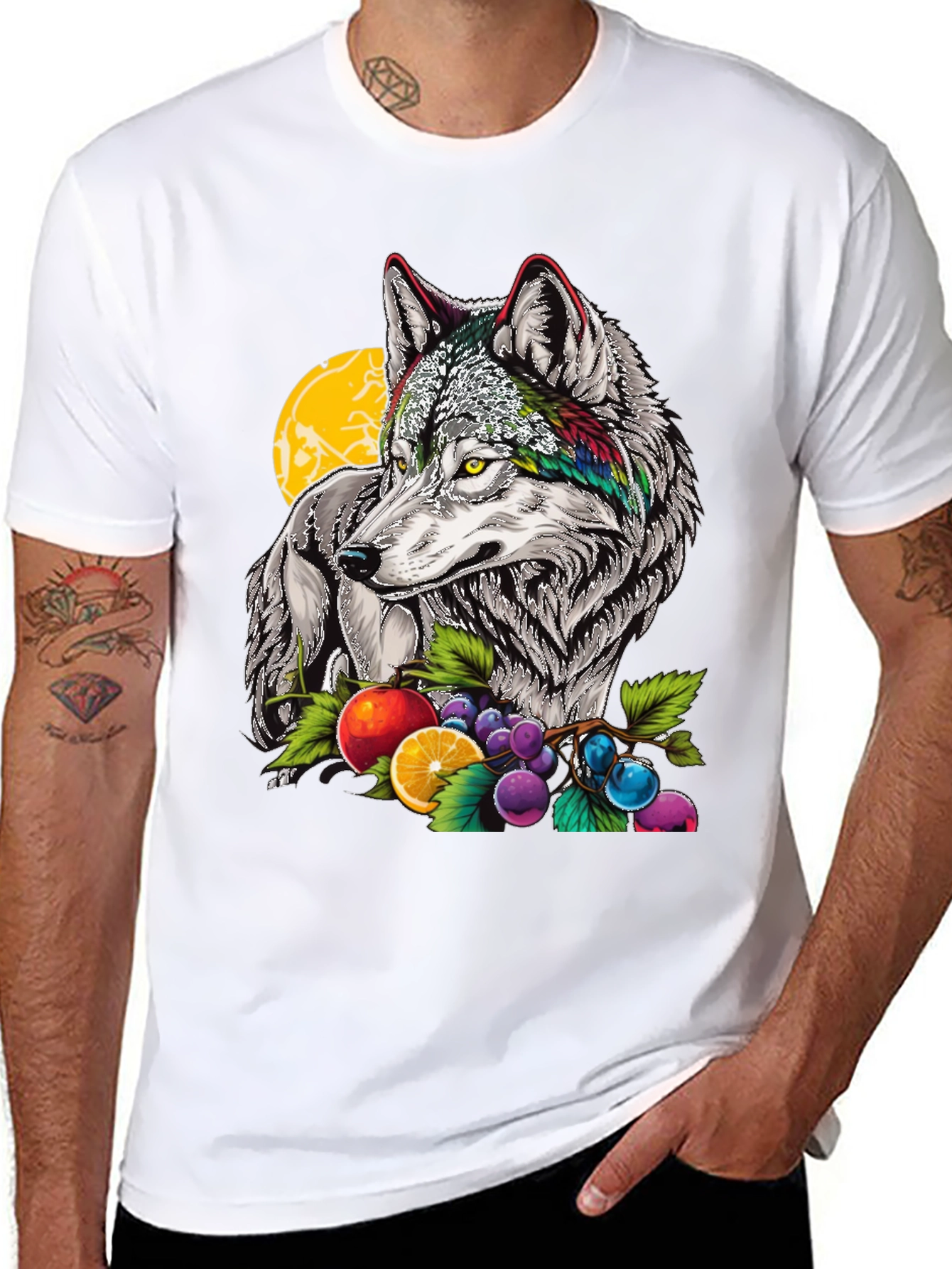Wolf & Fruit Graphic Print T-Shirt - Black