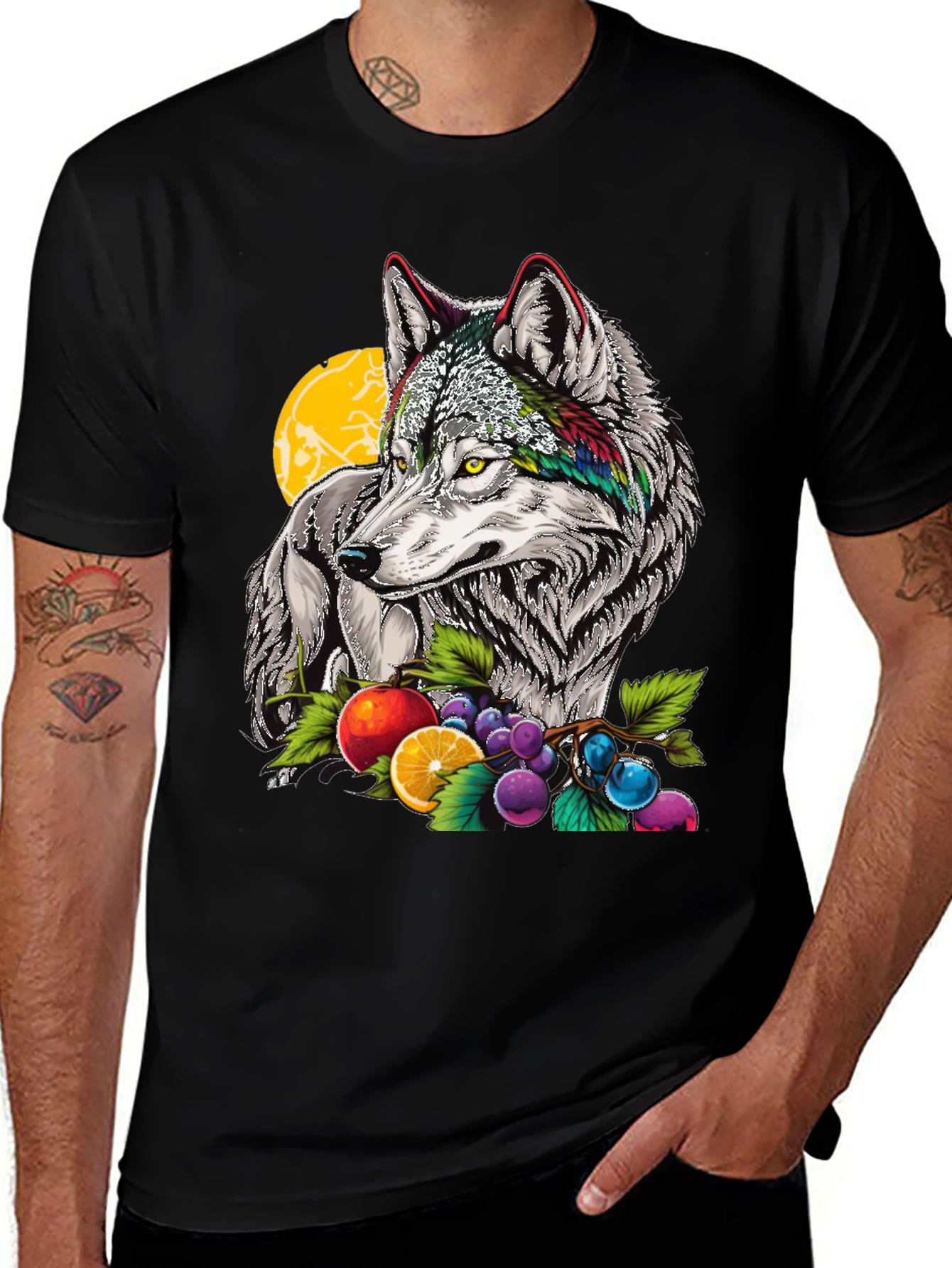 Wolf & Fruit Graphic Print T-Shirt - Black