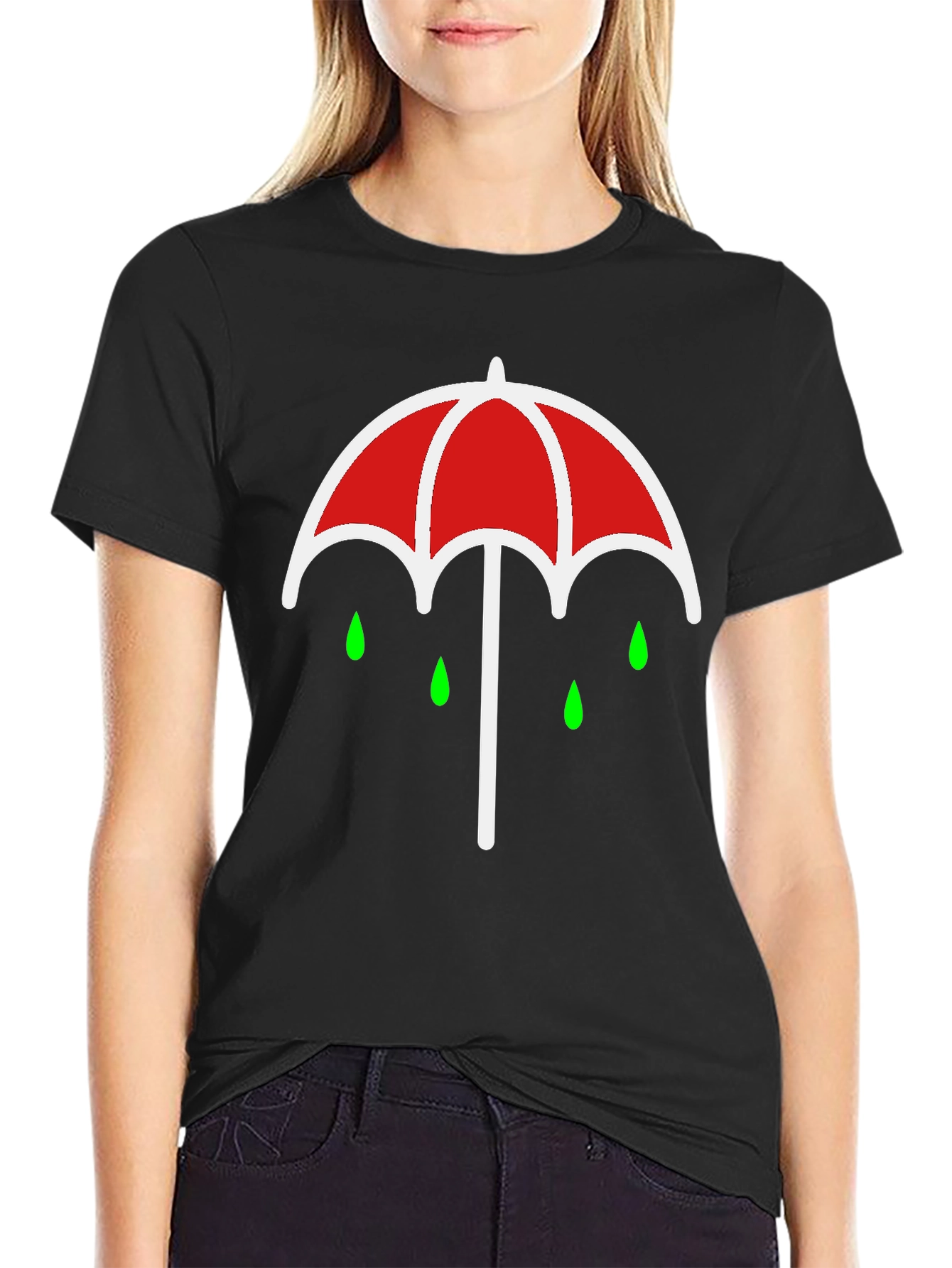 Umbrella Rain Drop Graphic T-Shirt - Black