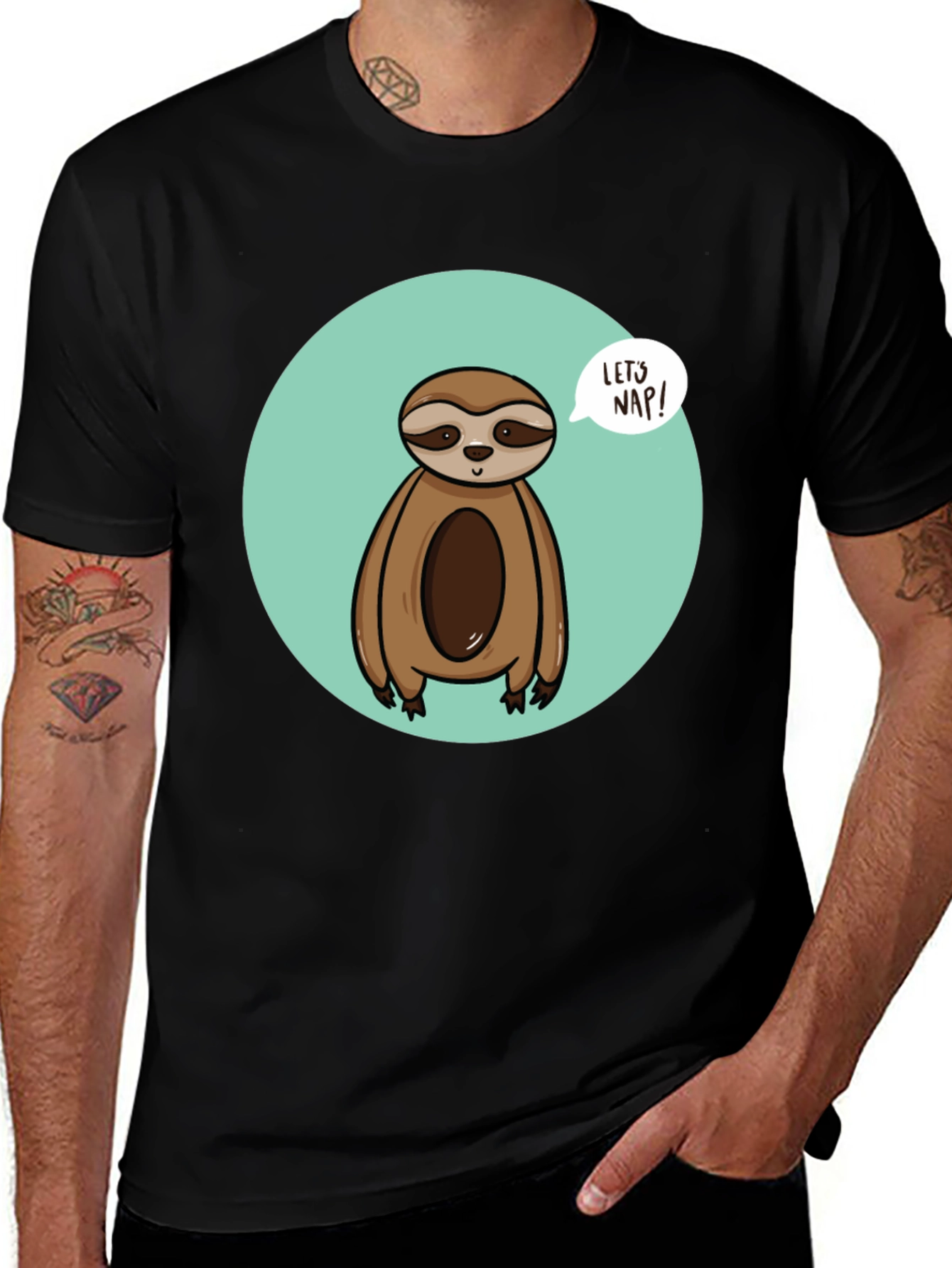 Cute Sloth Lets Nap Black T-Shirt